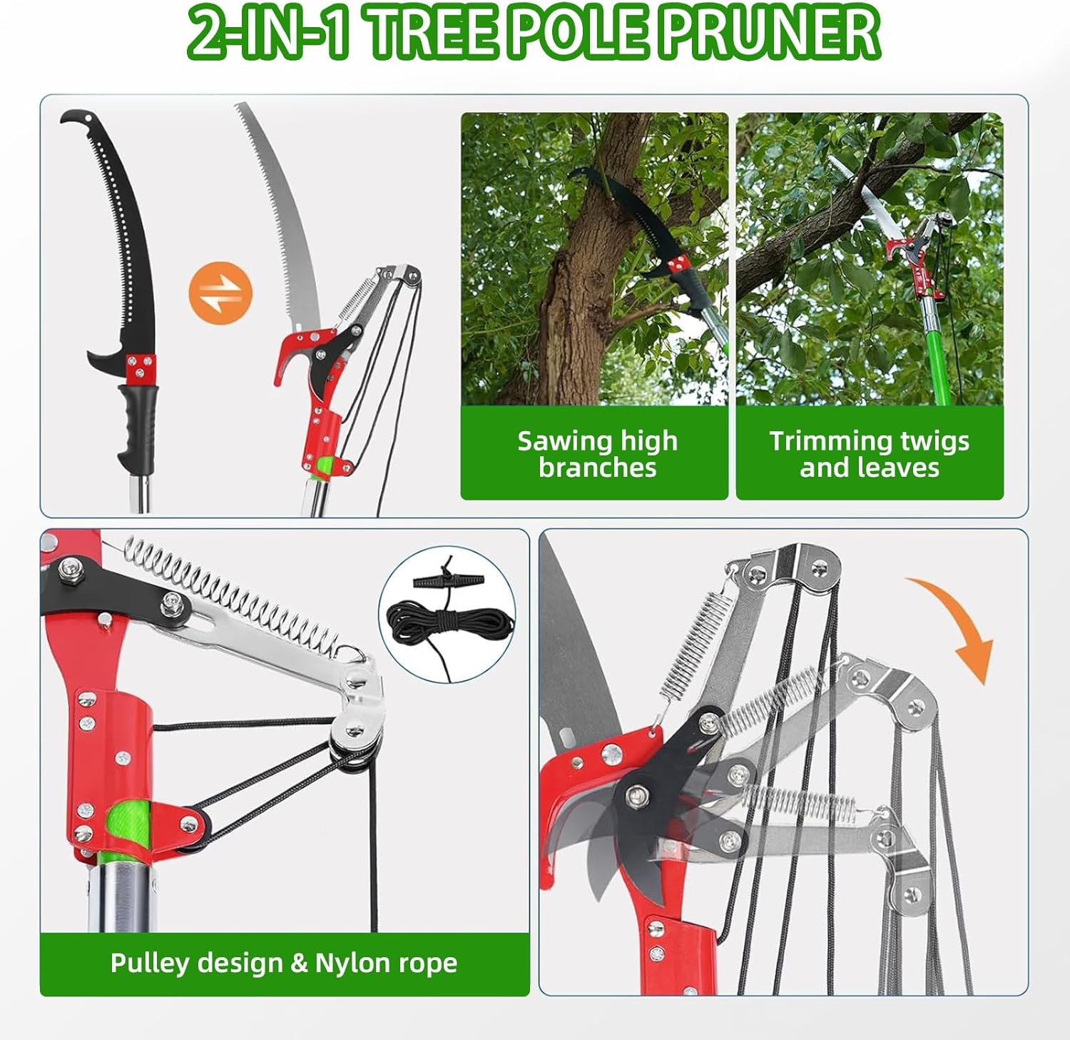 9M Manual Pole Pruner Saw for Tree Trimming, Extendable Tree Pole Pruner, Sharp Steel Blade and Scissors, High Branch Trimmer with Lightweight 9 Fiberglass Handles, for Pruning Palms and Shrubs -Green - Green image number 6