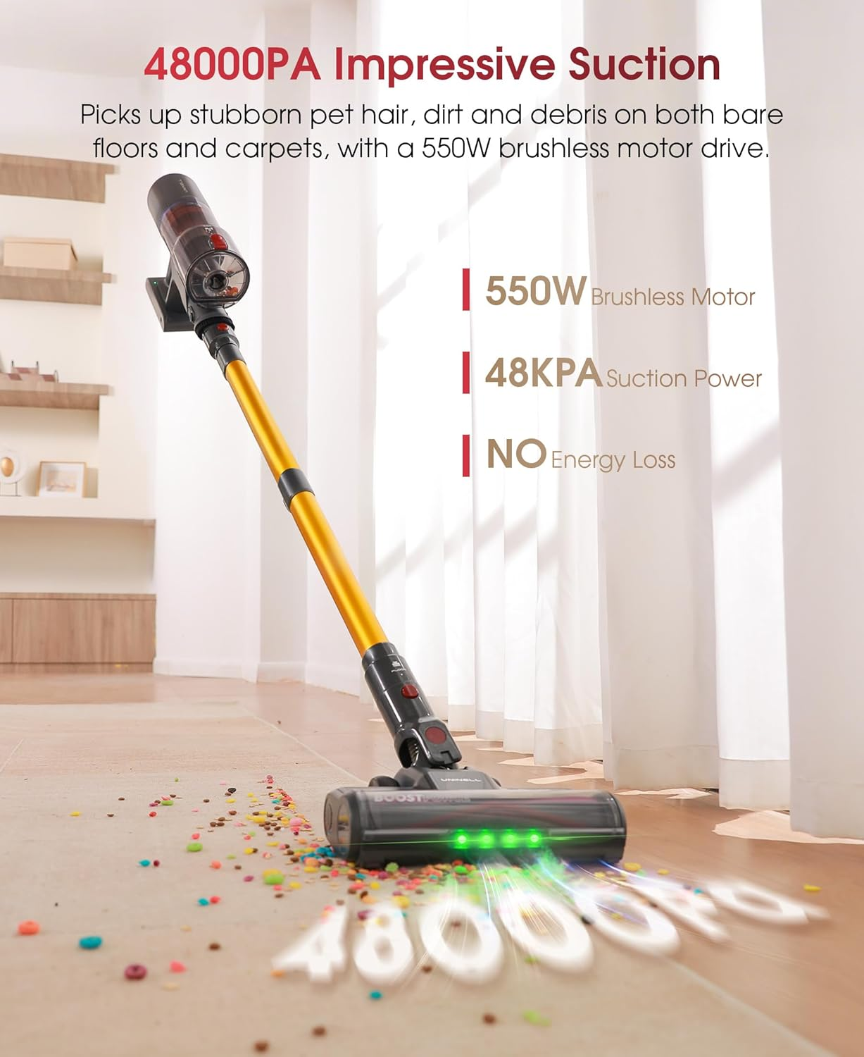 UNINELL Cordless Vacuum Cleaner, 550W 48KPA 65Mins Vacuum Cleaners with LED Screen, Self-Standing Cordless Vacuum, Rechargeable, Anti-Tangle for Home/Pet Hair/Carpet image number 5