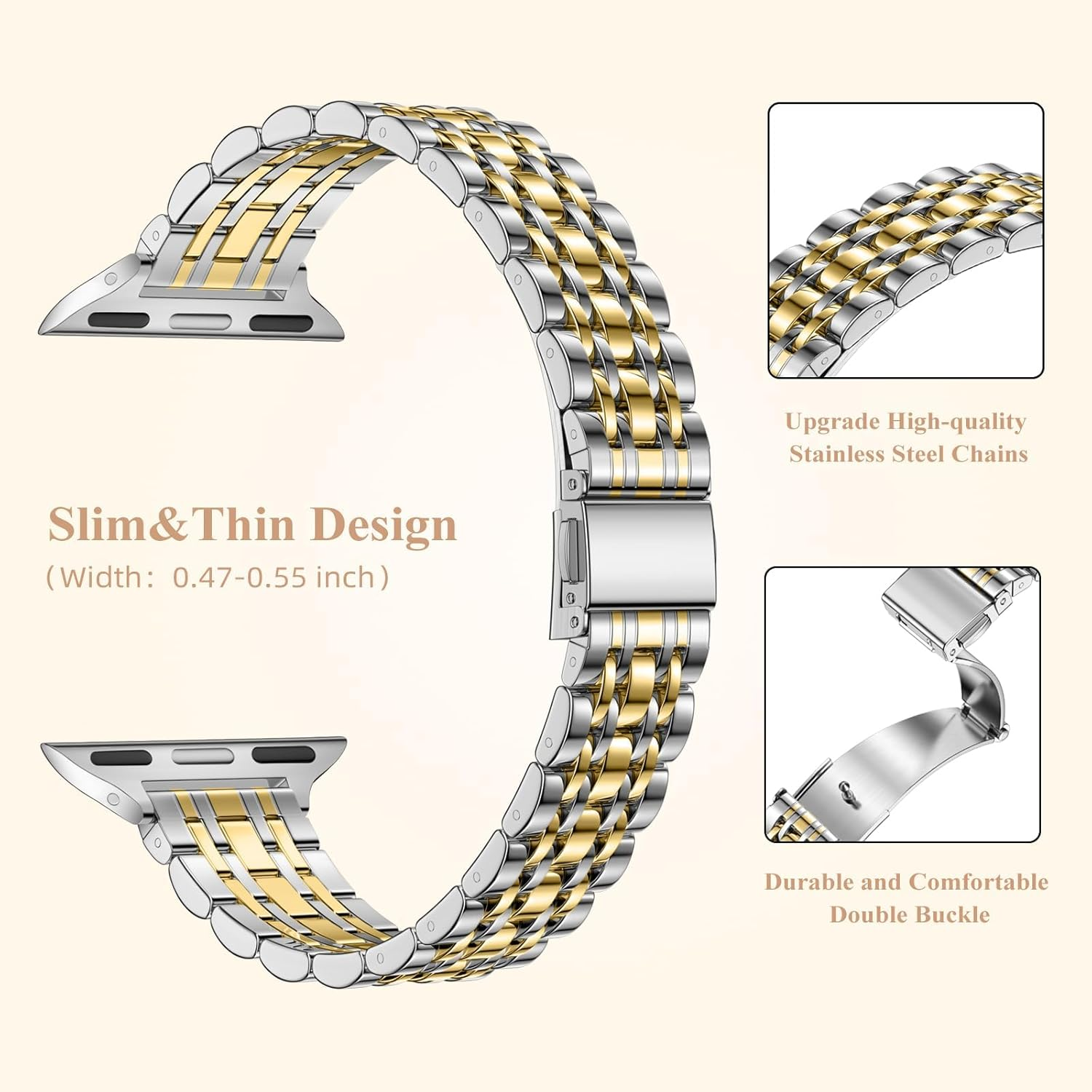 WJK Slim Stainless Steel Bands Compatible with Apple Watch Band 38Mm 40Mm 41Mm 42Mm for Women Men, Adjustable Metal Strap Compatible with Apple Watch Series 11 10 9 8 7 6 5 4 3 2 1 SE, Multi Colors - Gold/Silver image number 5