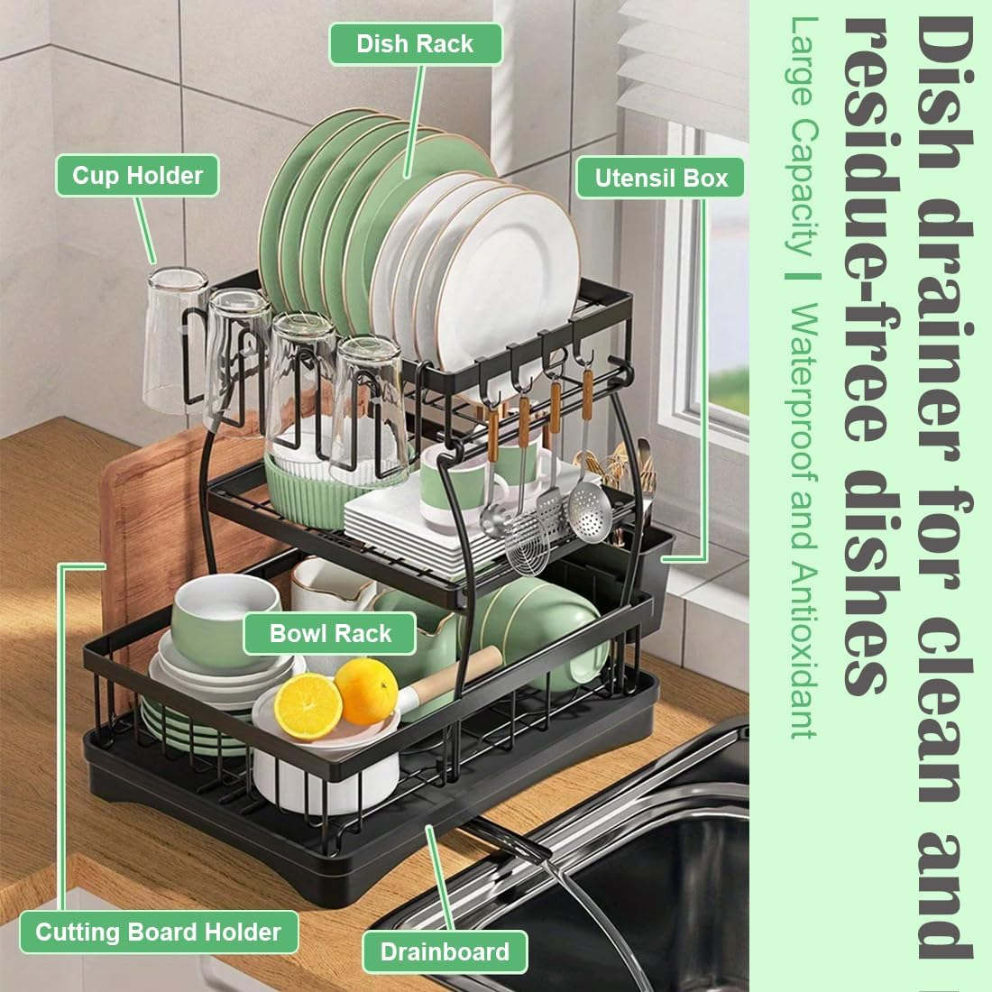 MUVKQC 3-Tier Dish Drying Rack, Dish Rack with 360&deg; Rotating Drainer Board, Large Dish Drainer with Utensils Holder, Rustproof Drying Rack for Kitchen Storage & Organisation image number 1