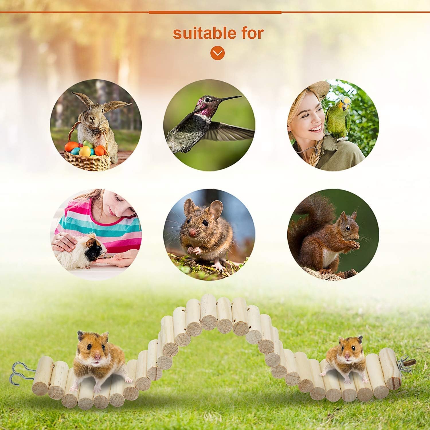 2 Pack Soft Animal Bridge Toy, Wooden Pet Ladder Bridge, Bendable Cage Habitat Toy, for Hamster Mouse Chipmunk and Other Small Animals image number 2