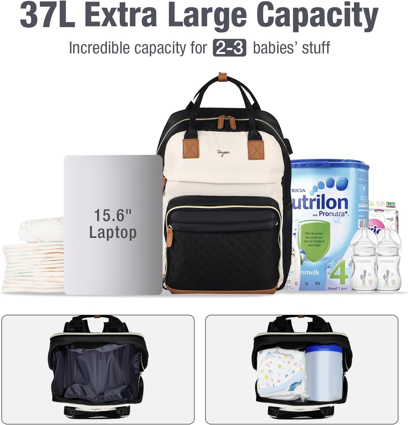 Lekebobor Nappy Bag, Multifunctional Baby Bag Backpack, Expandable 25L-37L Diaper Bag Nappy Changing Bags with Changing Pad and Earphone Hole for Mom, Black image number 5