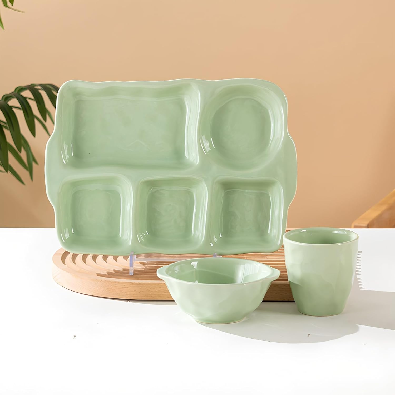 Ceramic Divided Plate, Green 5 Compartment Rectangular Dinner Plate, Precise Portion Control, Dalanced Nutrition, Oven and Microwave Safe, Suitable for All Occasions image number 3