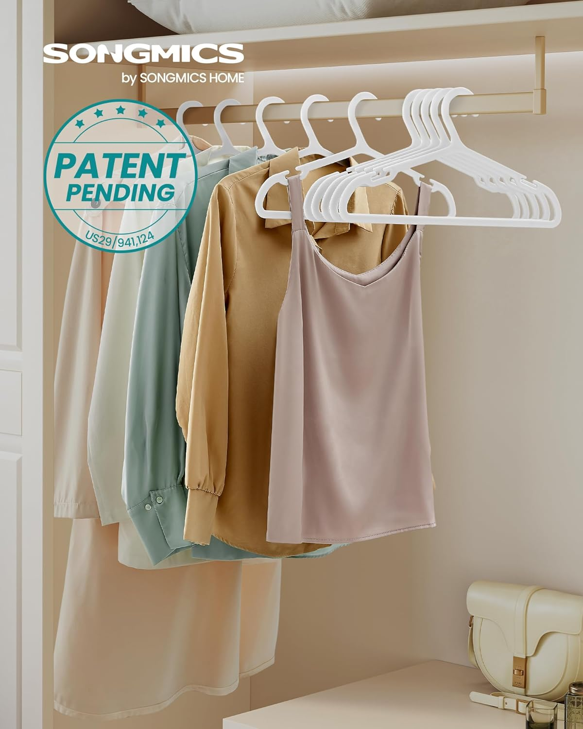 SONGMICS Clothes Hangers, Pack of 50, Plastic Hangers, with Wide Shoulder Notches, Space-Saving Coat Hangers, 16.4 Inches Wide, for Closet, Cloud White UCRP010W01 - Grey image number 7