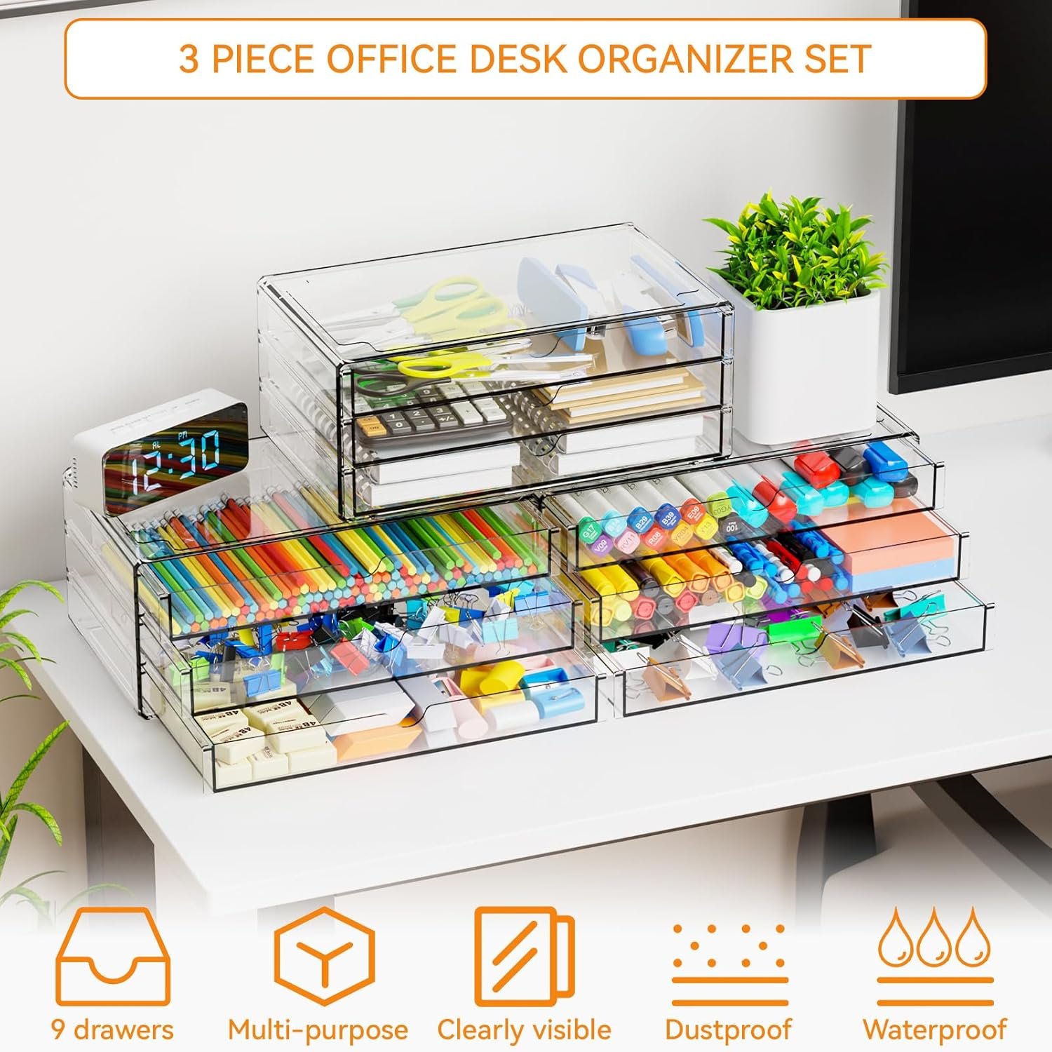 Yieach 11.1 Inch Long Clear Drawer Organizers Stackable,3 Pack Small Acrylic Drawers,School,Office Supplies Organizer and Storage Bins for Stationery,Marker,Pen,Pencil,Craft Desktop Storage Drawers