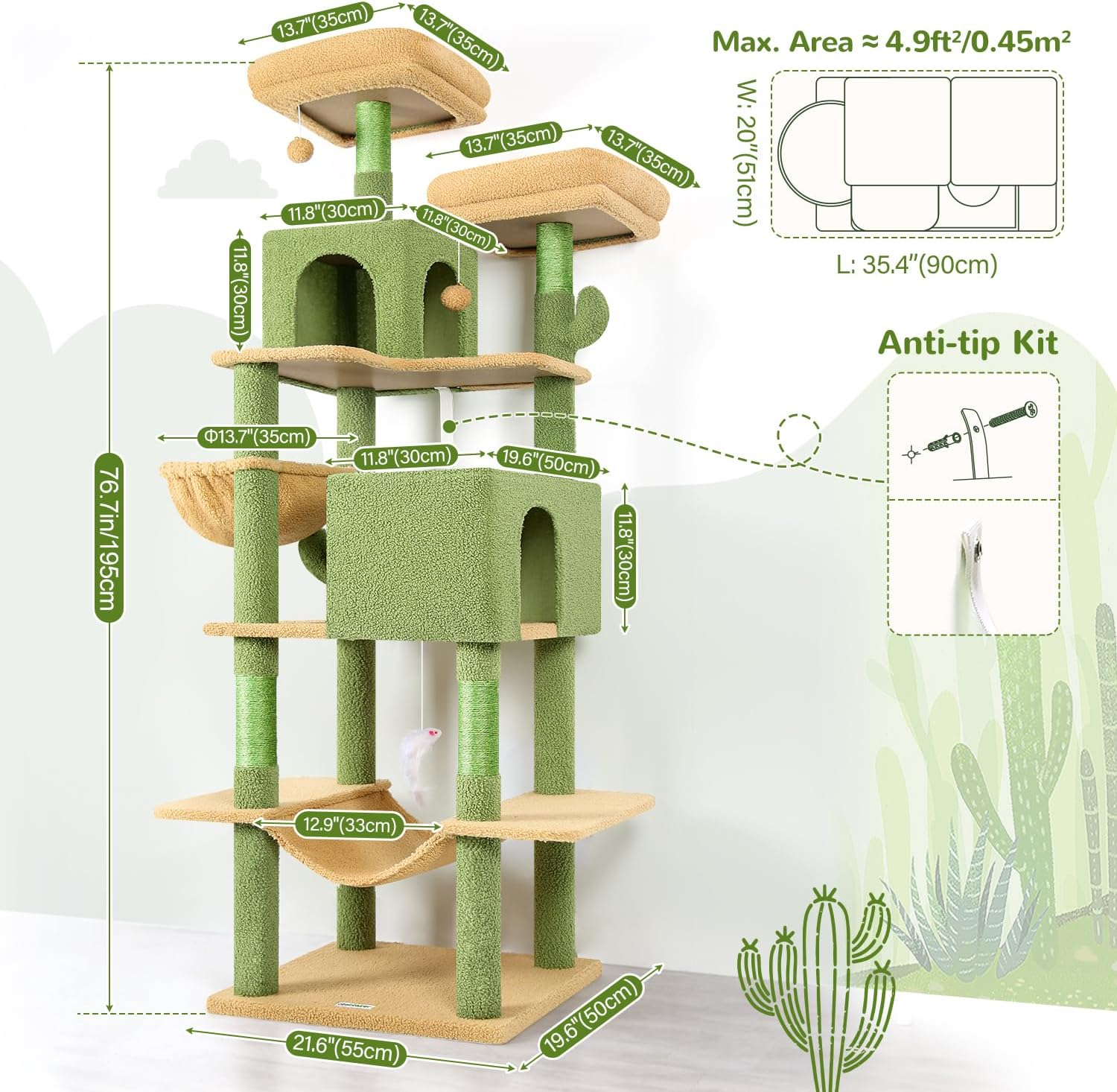Globlazer F76 Cactus Cat Tree Tower 76-Inch Extra Tall Multi-Level Cat Furniture with Cozy Condos,Interactive Toys and Perches for Large Cats, Perfect for Climbing, Scratching, and Play, Green image number 1