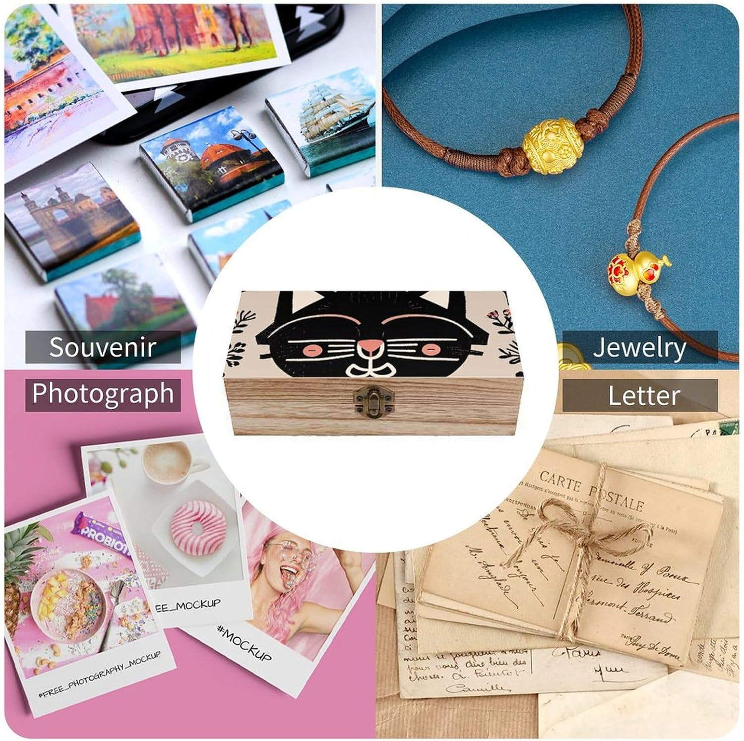 Black Cat Wooden Box Wood Wedding Keepsake Boxes with Lids Small Decorative Boxes Lightweight Wooden Memory Storage Box for Crafts Keepsakes Jewelry Photo Letter Storage image number 4