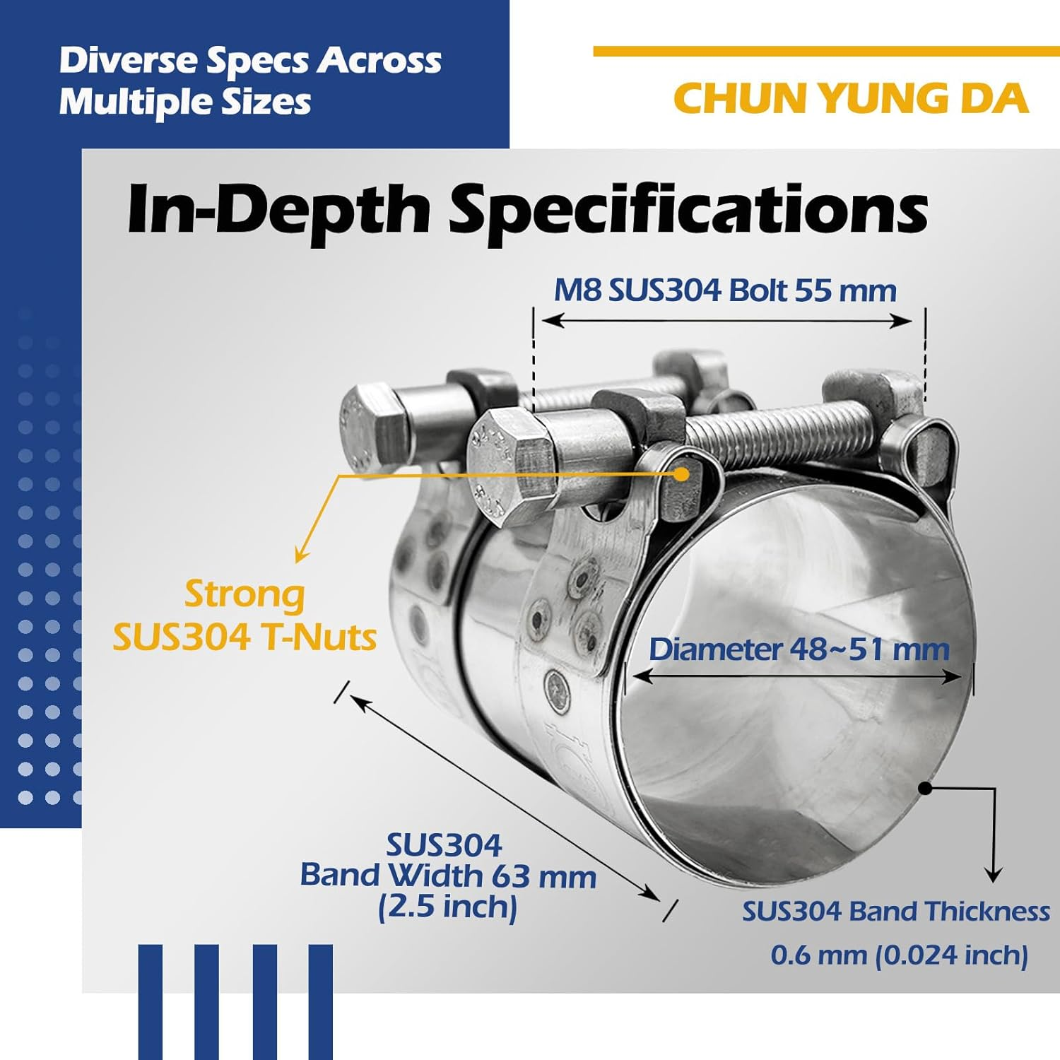 CHUN YUNG DA TT Extra Wide Heavy Duty Hose Clamps,304 Stainless Steel 2 Inch Exhaust Clamp, Sleeve Coupler Butt Joint Band Clamp for Muffler Pipe 48-51 Mm (1.89-2 Inch,1 Pack) image number 6