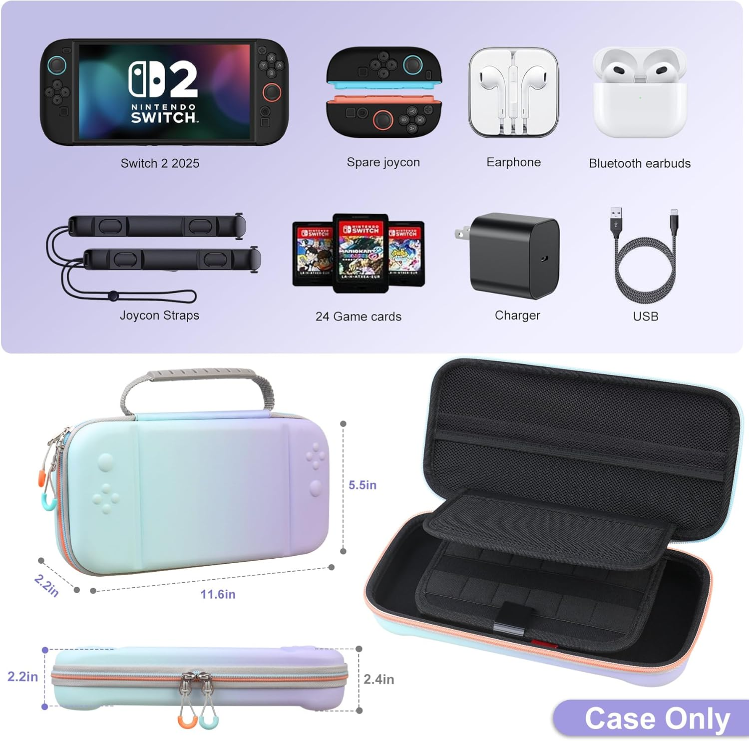 RAIALL Carrying Case for Nintendo Switch 2 (2025), Large Capacity Protective Hard Shell Portable Travel Case Pouch, with 24 Game Card Slots and Pockets for Console &Accessories, Purple-Blue-Gradient - Pink-Green-Gradient image number 3