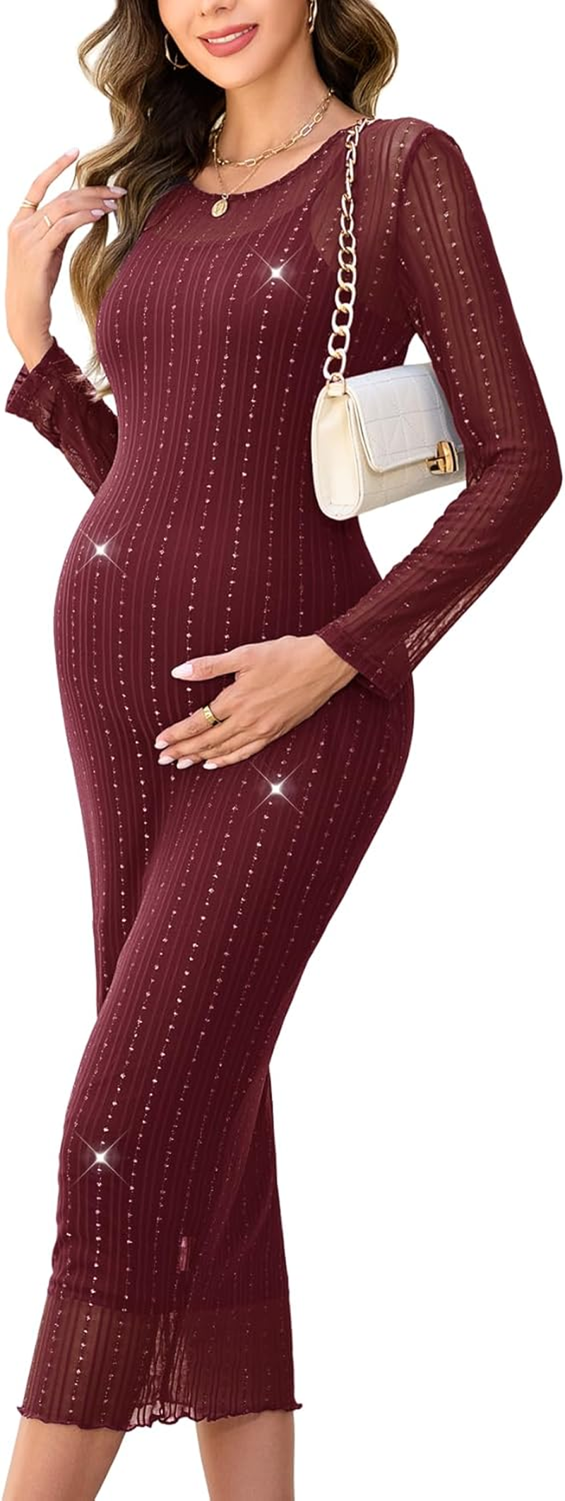 2 Piece Maternity Sparkly Mesh Dress Long Sleeve round Neck Bodycon Midi Pregnancy Dresses Baby Shower Semi Formal