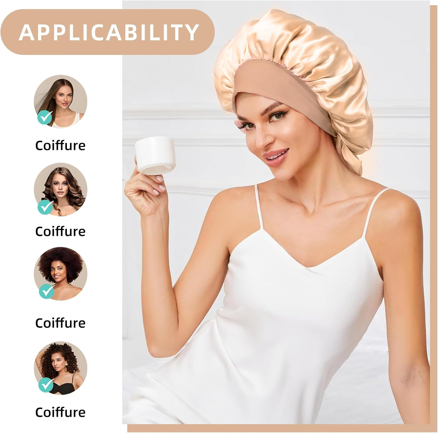 JZS Silk Bonnet for Sleeping Women Satin Double Layer Lined Hair Bonnet with Tie Band Curly Hair