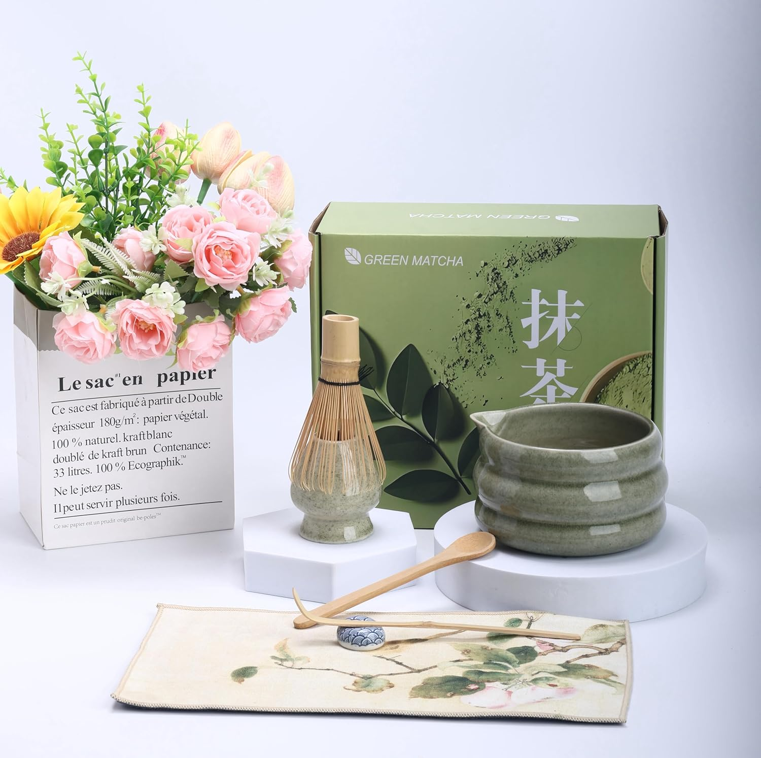 Matcha Whisk Set &ndash; 9 Pieces Including Gift Box &ndash; Traditional Japanese Matcha Kit with Whisk, Scoop, Bowl, Sifter, Holder, Scoop Rest, Cloth & Gift Box &ndash; Matcha Set for Authentic Green Tea Preparation image number 3