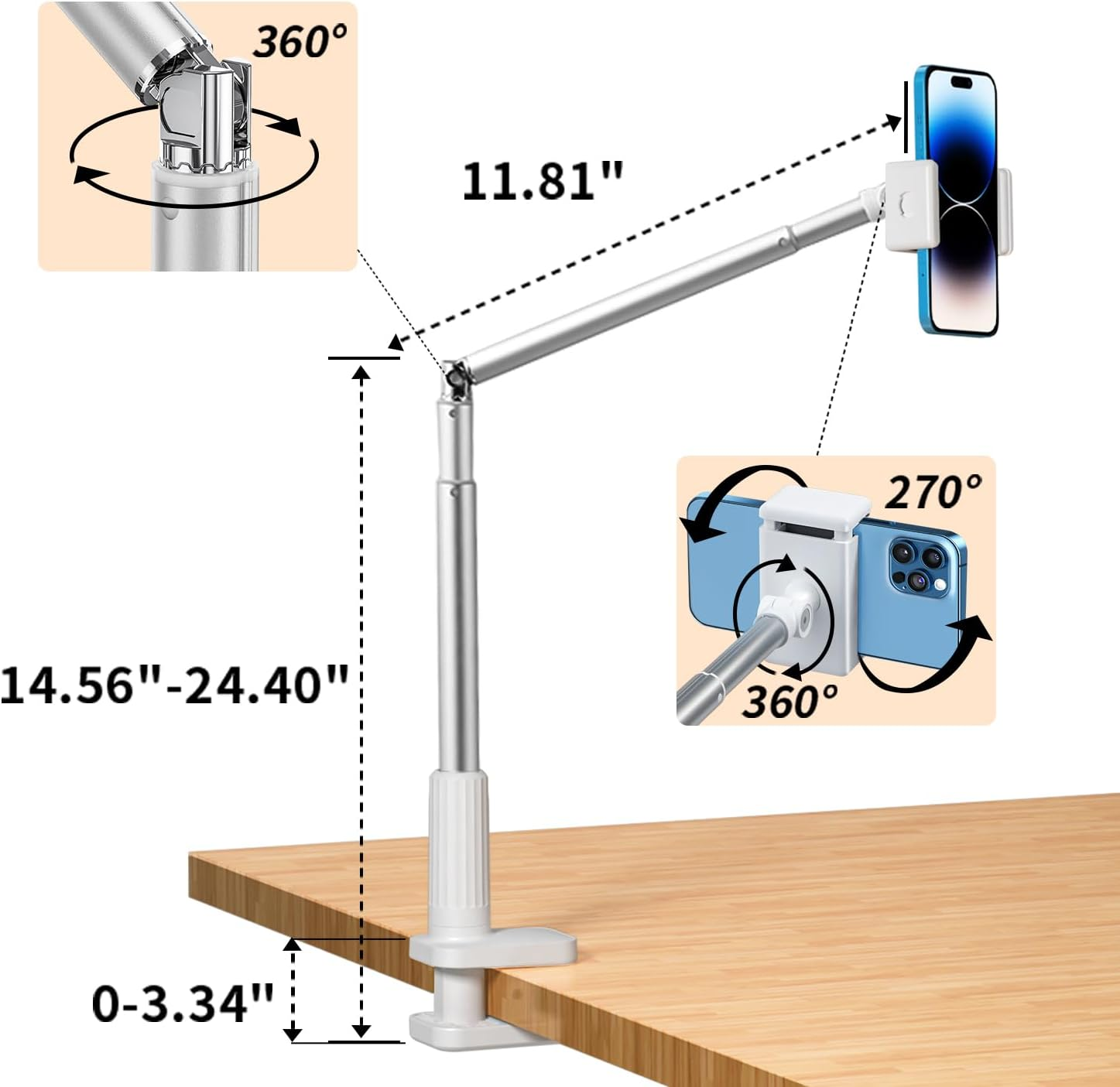 Yayusi Overhead Phone Mount for Recording,Phone Stand Recording Overhead,Articulating Arm Cell Holder with LED Ring Light,Desk/Bedside Tripod Youtube Live Stream Cooking Video (X6) image number 3
