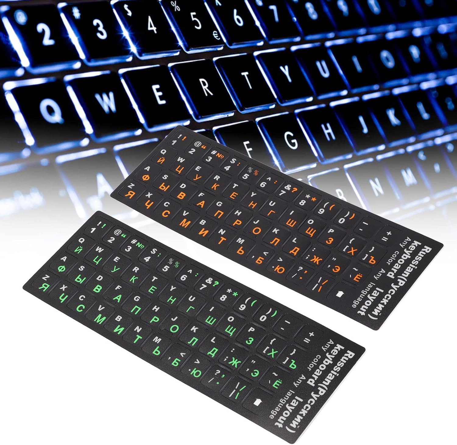Cryfokt 2Pcs Russian Keyboard Stickers, Unique Coating, Waterproof Dustproof, Cyrillic Keyboard Letter Replacement, Green & Orange, PVC Material, PC Laptop Desktop image number 4
