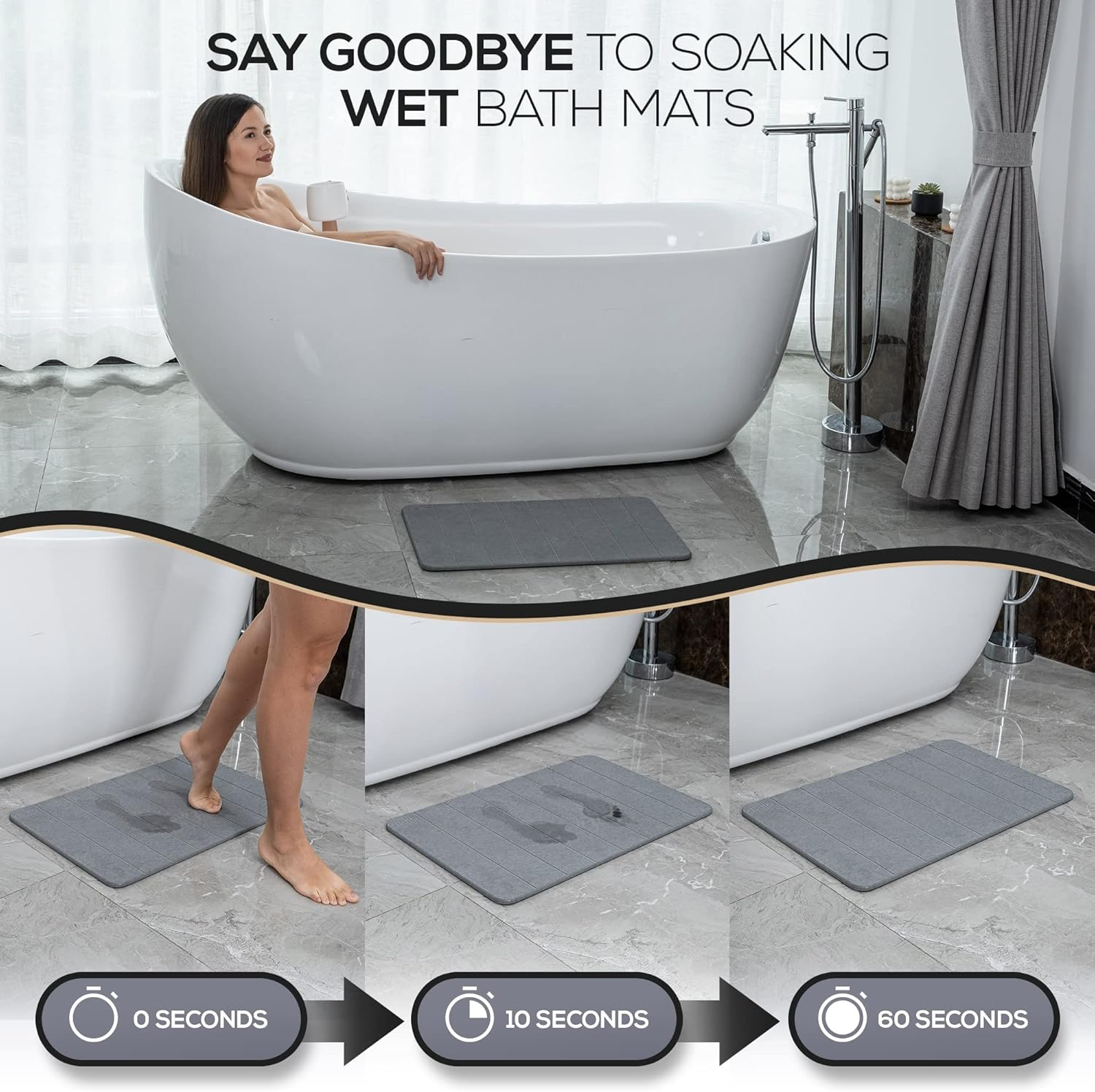 Della Premium Stone Bath Mat - Luxurious Quick Drying Diatomite Bathstone for Bathroom Floor - Modern Super Absorbent Diatomaceous Earth Shower Mat, Water Absorbent Bathmat (Stripes) image number 3