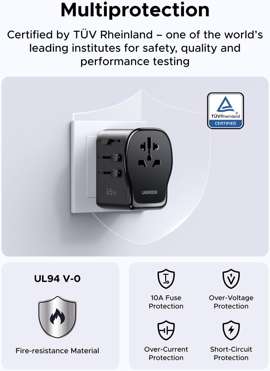 UGREEN Universal Travel Adapter, Gan 65W International Charger with 2 USB-C & 1 USB-A Ports, PD Fast Charging Worldwide Wall Charger Block for Laptop, 3-Pin US/UK/EU/AUS/CN Plug Ground Connection image number 5