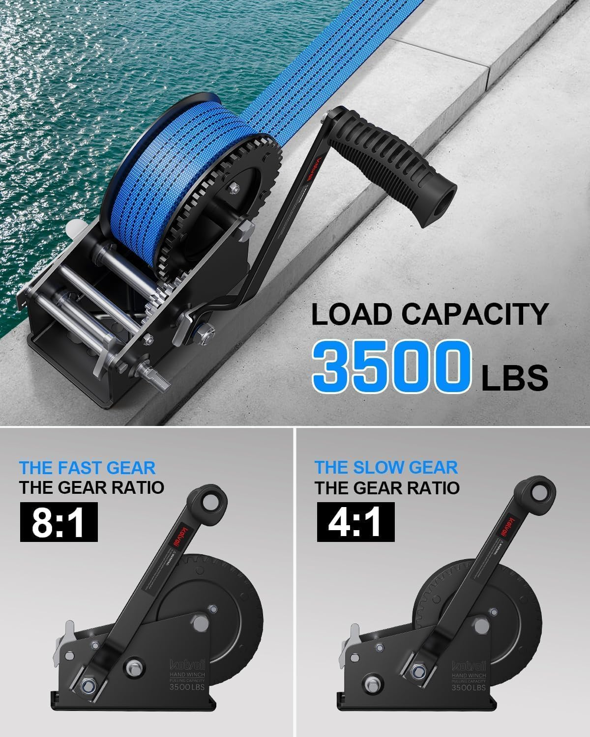 Boat Trailer Winch 3500Lbs/1587Kg with 33Ft(10M) Polyester Strap, Hand Winch Heavy Duty Hook and Comfortable Handle Two Way Ratchet and Two Speed Switchable for Boat Jet Ski Trailer Marine image number 2