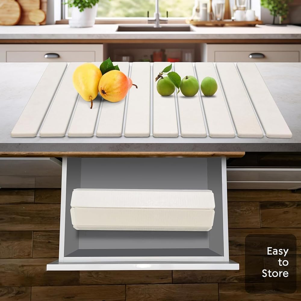 Diatomaceous Earth Dish Drying Mat &ndash; Waterproof & Non-Slip, Foldable Drying Pad for Dishes & Cups &ndash; 60 X 39Cm (White, Large)