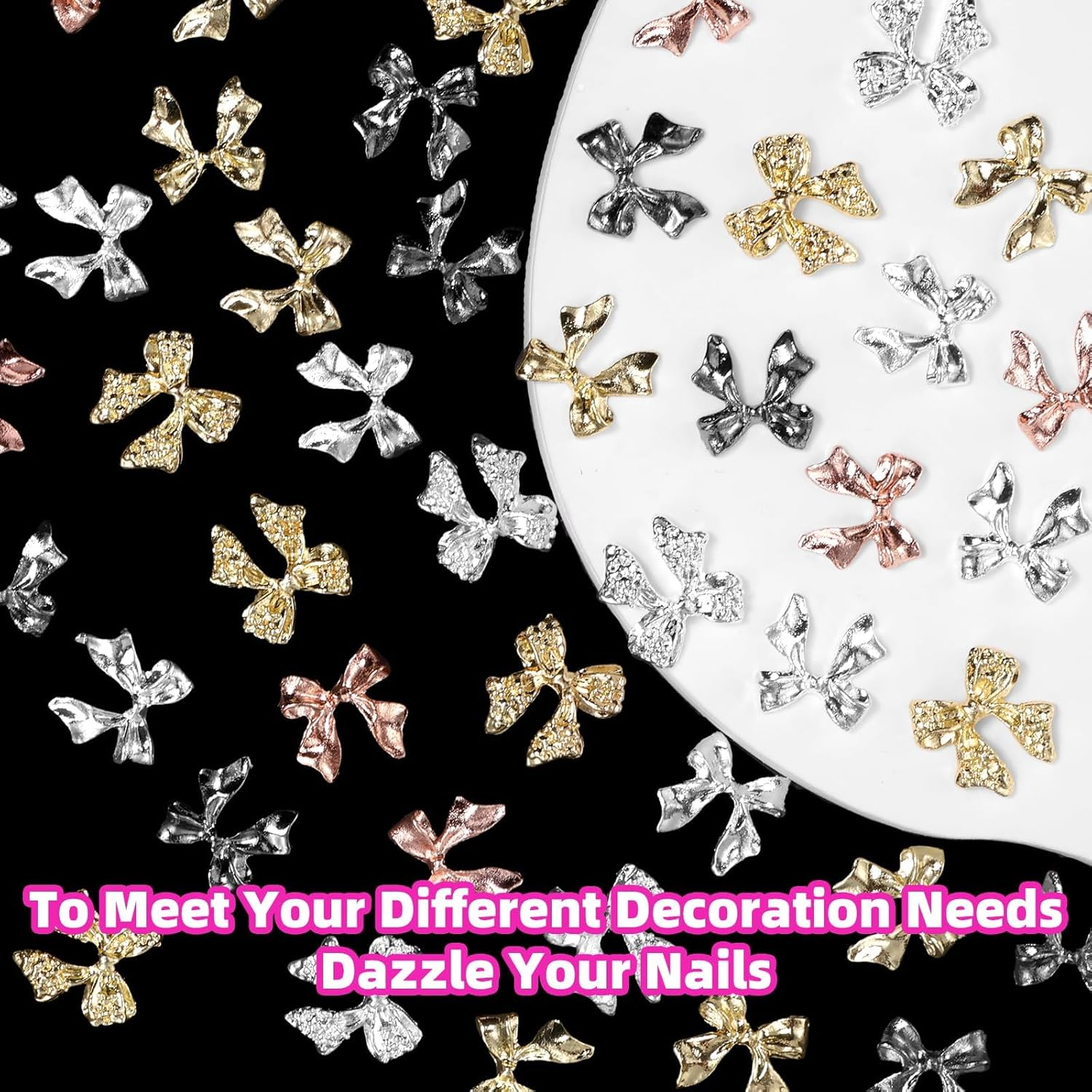 60 Pcs Metal Bow Nail Charms, Alloy Nail Bows 3D Golden Silver Gray Bowknots Charms for Nails,Nail Art Accessories Manicure Nails DIY Charms, Luxury Shiny Bow Tie Nail Gems Charms image number 4