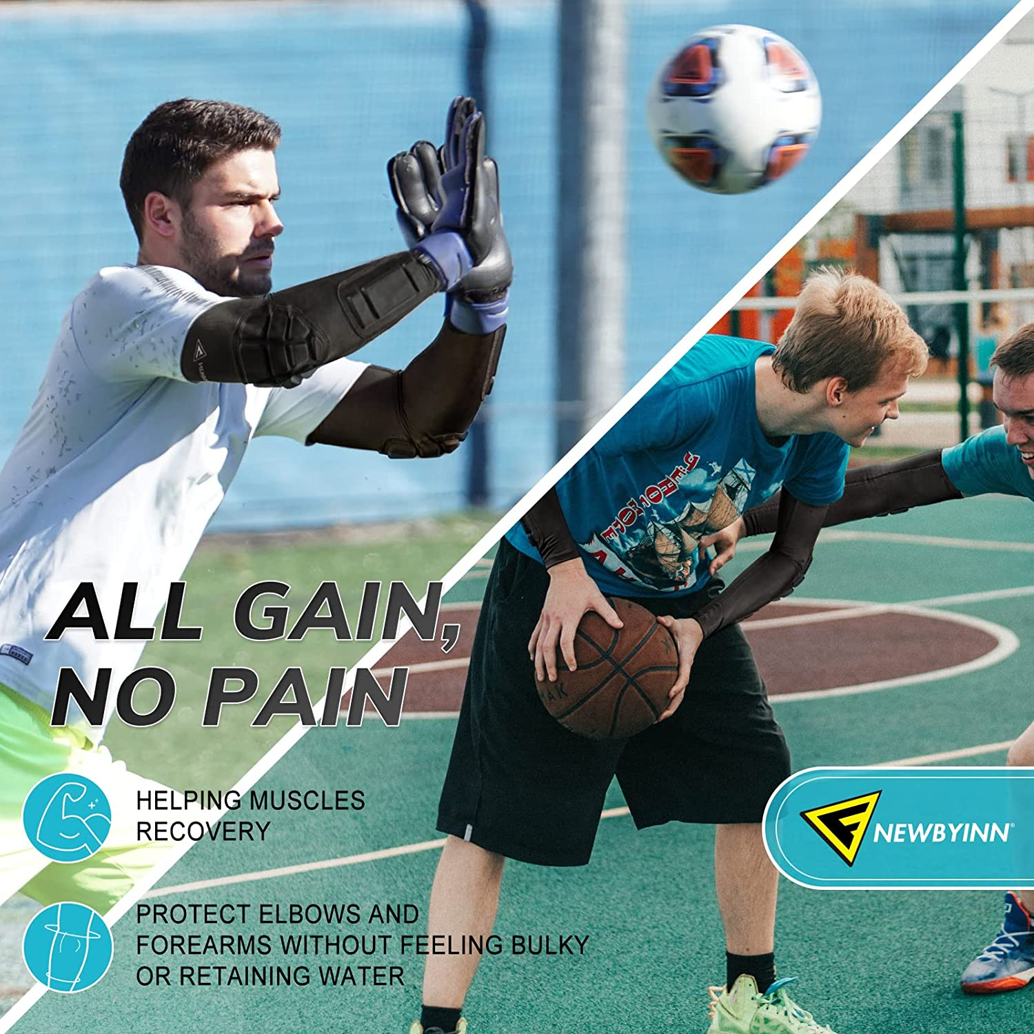 Newbyinn 2 Pack Padded Arm Sleeves Crashproof Elbow Forearm Pads Compression Protection Support for Football Basketball Volleyball image number 3