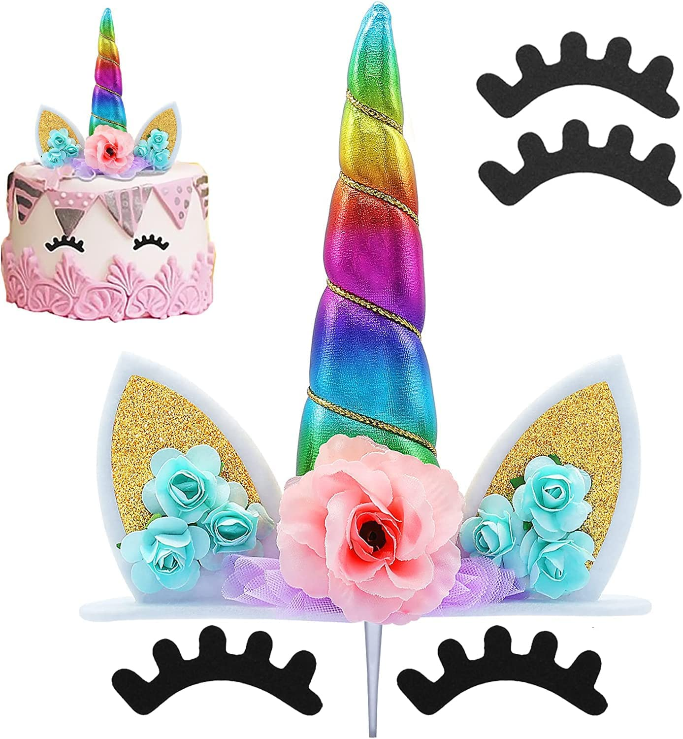Unicorn Cake Topper Handmade Rainbow Horn Unicorn Cake Topper Unicorn Happy Birthday Party Decoration Supplies Magic Reusable Cake Topper with Eyelashes and Stack for Girls Kid Women, 5.8 Inch