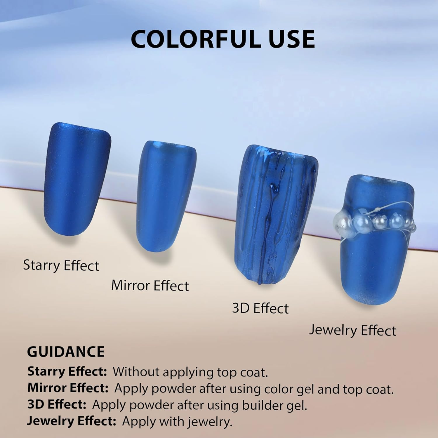 Chrome Nail Powder, 4 Colors Blue Series Nail Chrome Powder - Mirror Effect Metallic Glitter Kit for Nail Art Decoration, Resin Craft Etc. (1G/Jar) - Blue image number 3