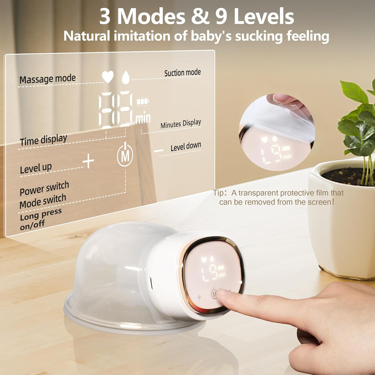 Breast Pump, Wearable Breast Pump Electric Breast Pump Hands Free Portable Breast Feeding Pumps,3 Modes-9 Levels Painless Low Noise Touch Screen Baby Pump with 1 Pack image number 1