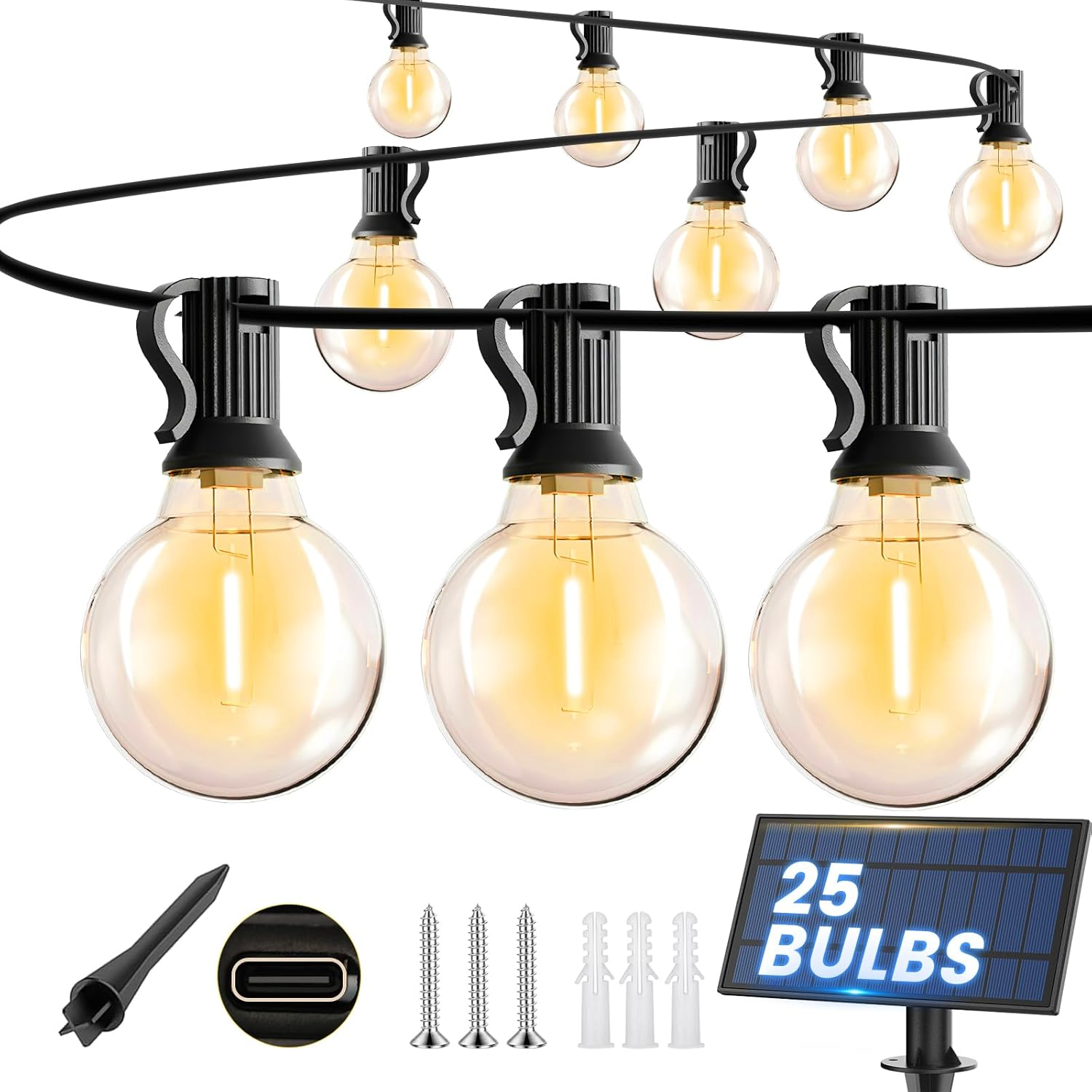 Roshin Solar Lights Outdoor 15M 25 Bulbs(49Ft) - Bright Solar Festoon String Lights Outdoor with IP65 Waterproof Shatterproof for Backyard, Garden, Yard, Camping, Party, Christmas (S14) image number 5