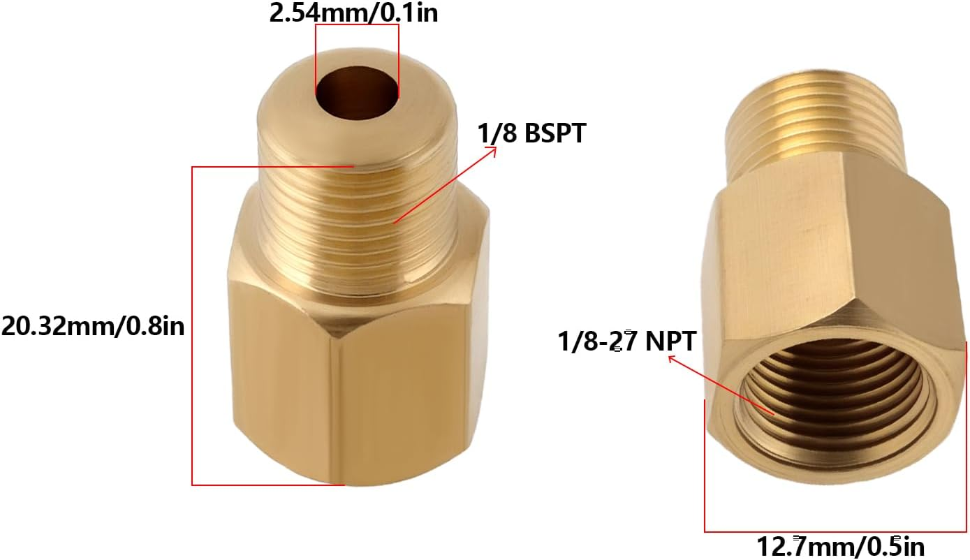 LT Easiyl 2Pcs Brass Adapter 1/8 BSPT Male to 1/8-27 NPT Female Brass Pipe Fitting Reducer Adapter for Pressure Gauge 0.095X0.5X0.8 Inch image number 6