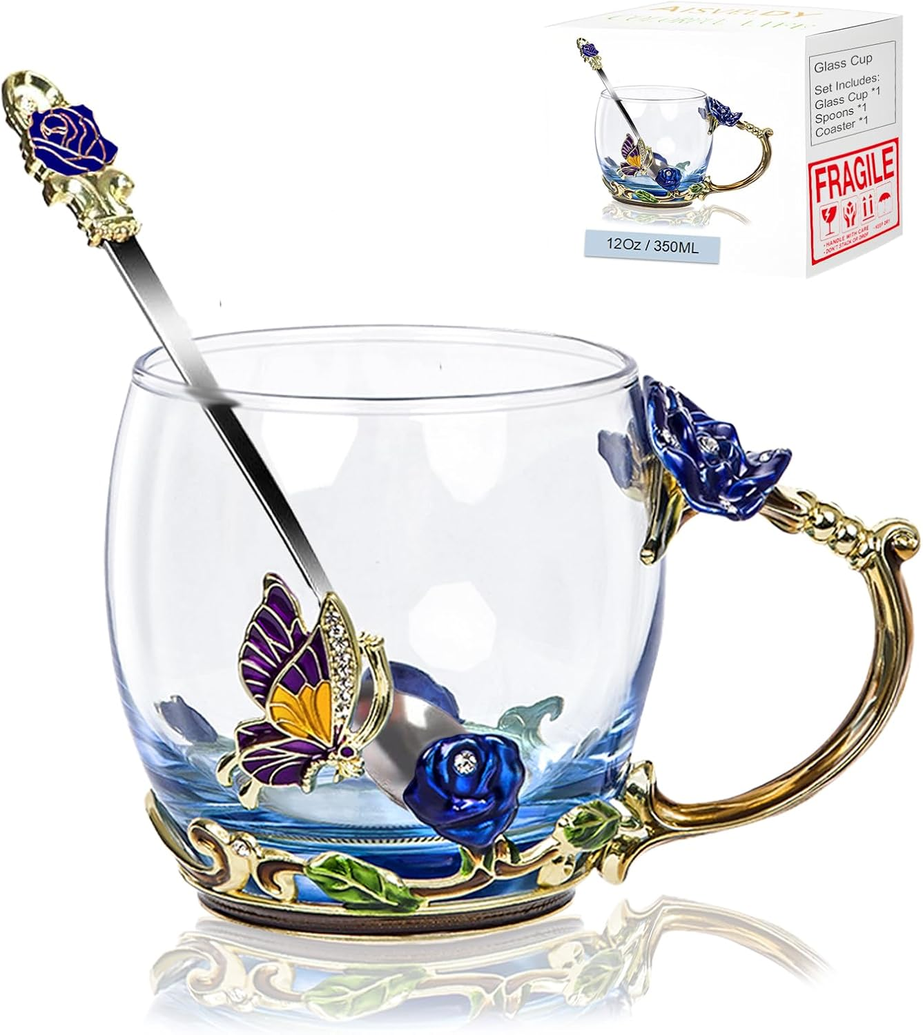 Flower Tea Cup,Butterfly Daisy Glass Fancy Coffee Mug with Spoon,Gift Box for Her Mom Wife Grandma Girls Friends Valentines Christmas Birthday Present Idea for Juice,Hot/Cold Drinks Use (Red Rose)