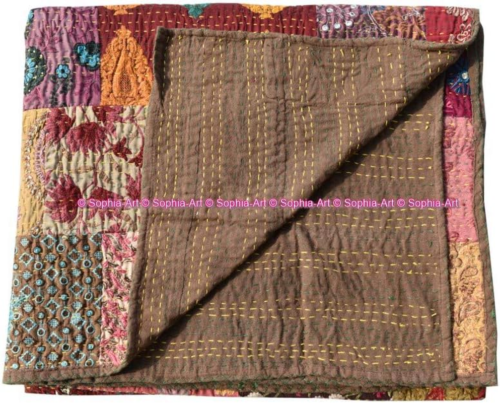 Handmade Vintage Khambadiya Print Hand Jari Patchwork King/Twin Size Embroidery Kantha Quilt Home Decorative Kantha Bedspread Indian Blanket Coverlet Art image number 6