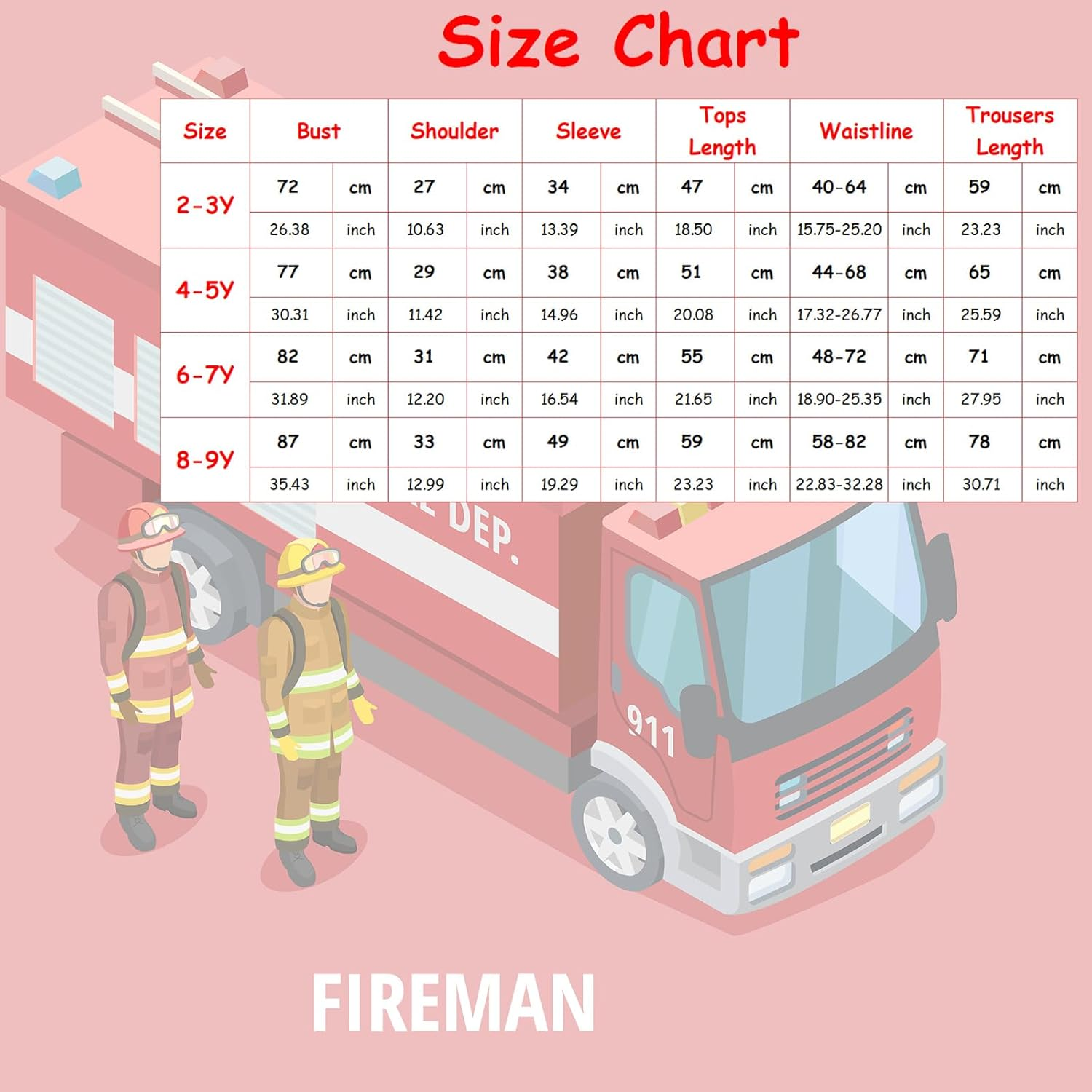 Tan Fireman Costume for Kids, Boys' and Girls' Firefighter Dress up (7 Pcs) image number 3