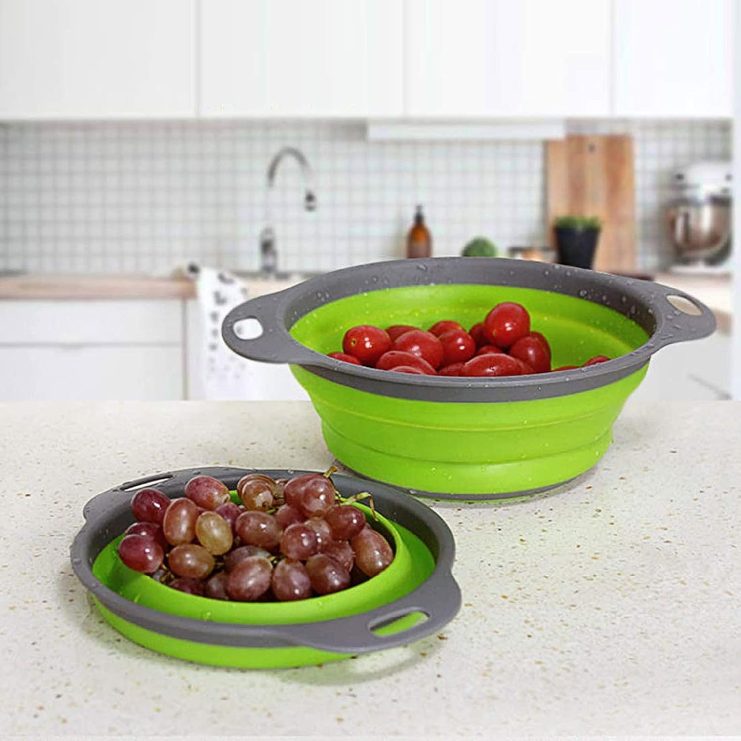 Collapsible Colander Set,Silicone Collapsible Strainer for Draining Pasta Spaghetti Fruits and Vegetables Colander Collapsible 1 Large & 1 Small Sizes Kitchen Mesh Strainers Tool Folding Colanders (Green) image number 2