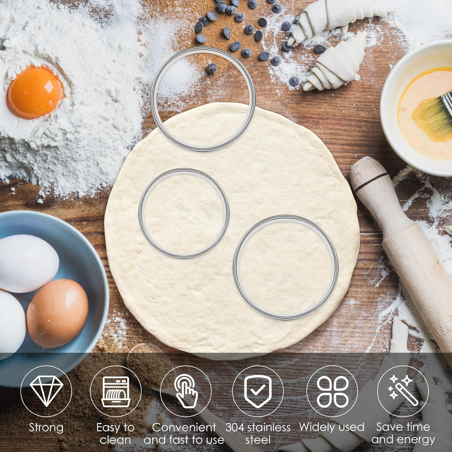 ZJMCAJY 12-Piece English Muffin Rings, 304 Stainless Steel, Double Rolled Edges, 8Cm & 10Cm Sizes, Nonstick, Dishwasher Safe - 10Cm image number 2