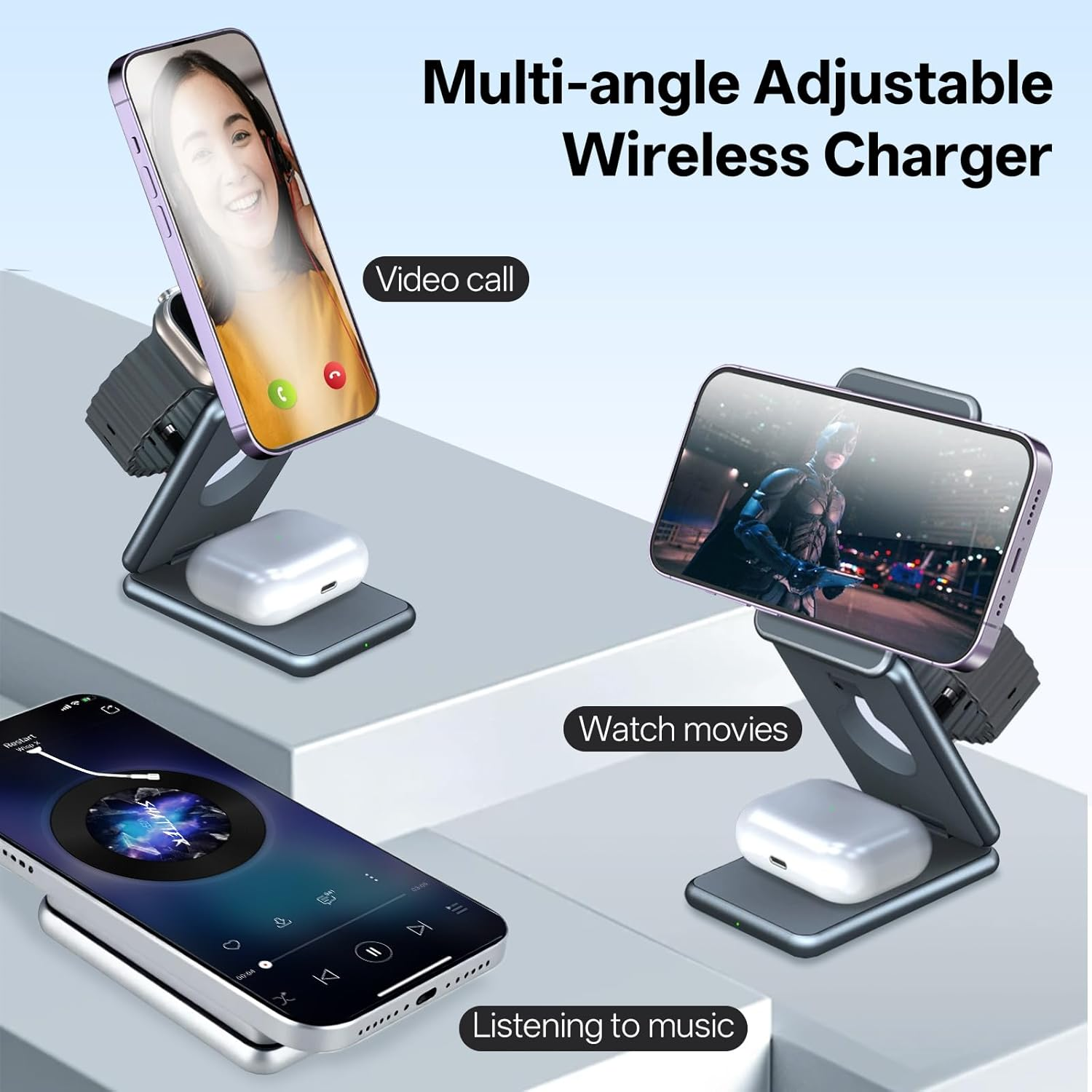 Foldable 3-In-1 Inductive Charging Station, Mobile Phone Charging Station for Phone and Apple Watch, Inductive Wireless Charging Station, 15 W Wireless Charger for Phone 8-14, for Apple Watch S1-S8/SE image number 1