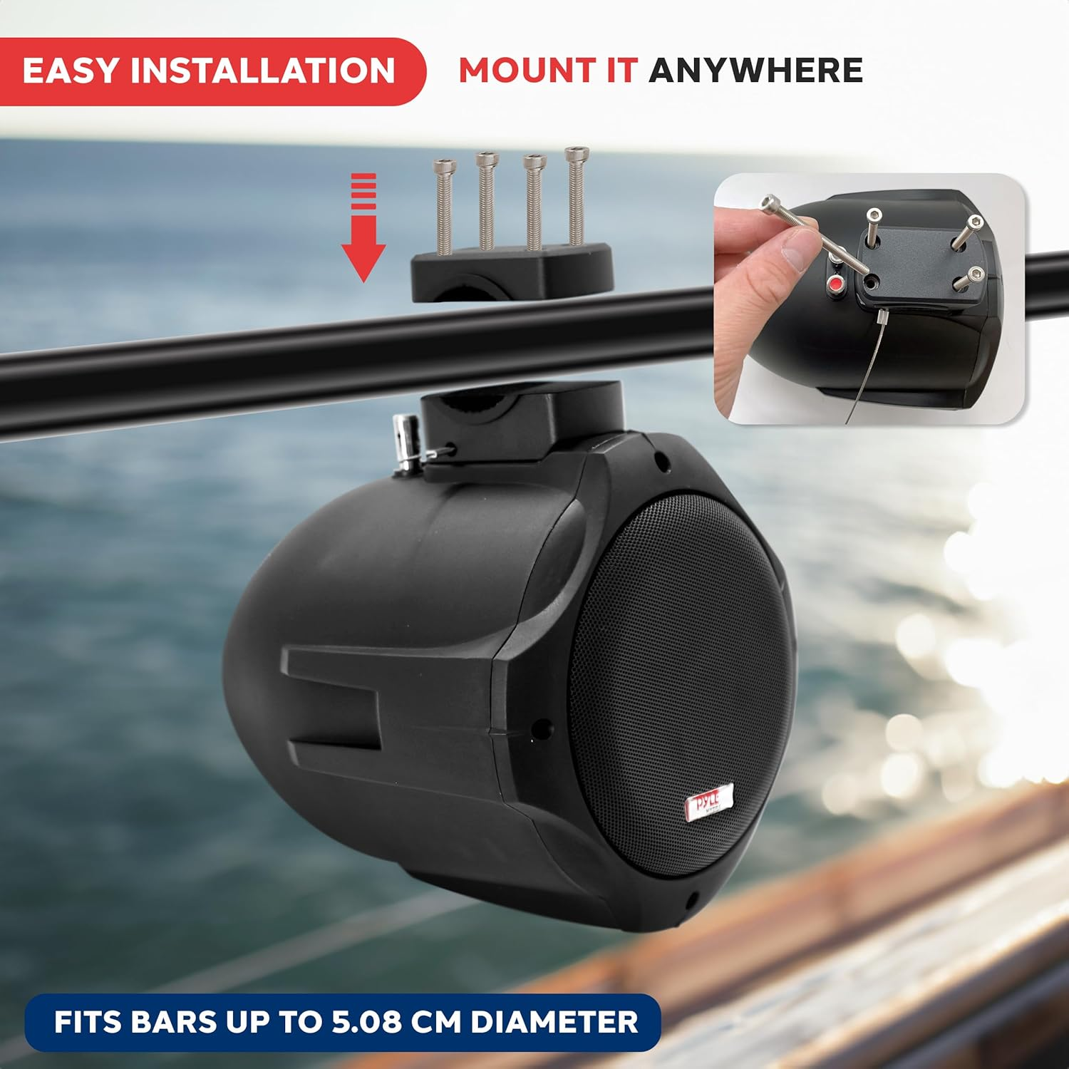 Pyle 6.5 Inch Dual Marine Speakers-2 Way IP44 Waterproof, Weather Resistant Outdoor Audio Stereo Sound System with 200 Watt Power and Poly Mica Cone and Butyl Rubber Surround-1 Pair - PLMRB85 (Black) image number 5