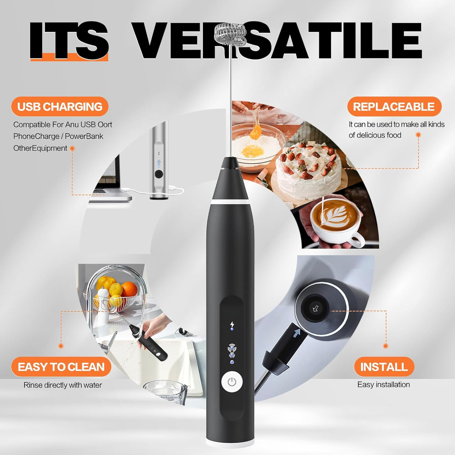 Milk Frother Rechargeable Handheld Electric Whisk Coffee Frother Mixer with 2 Stainless Whisks 3 Speed Adjustable Foam Maker Blender for Coffee Matcha Latte Cappuccino Hot Chocolate（Black）