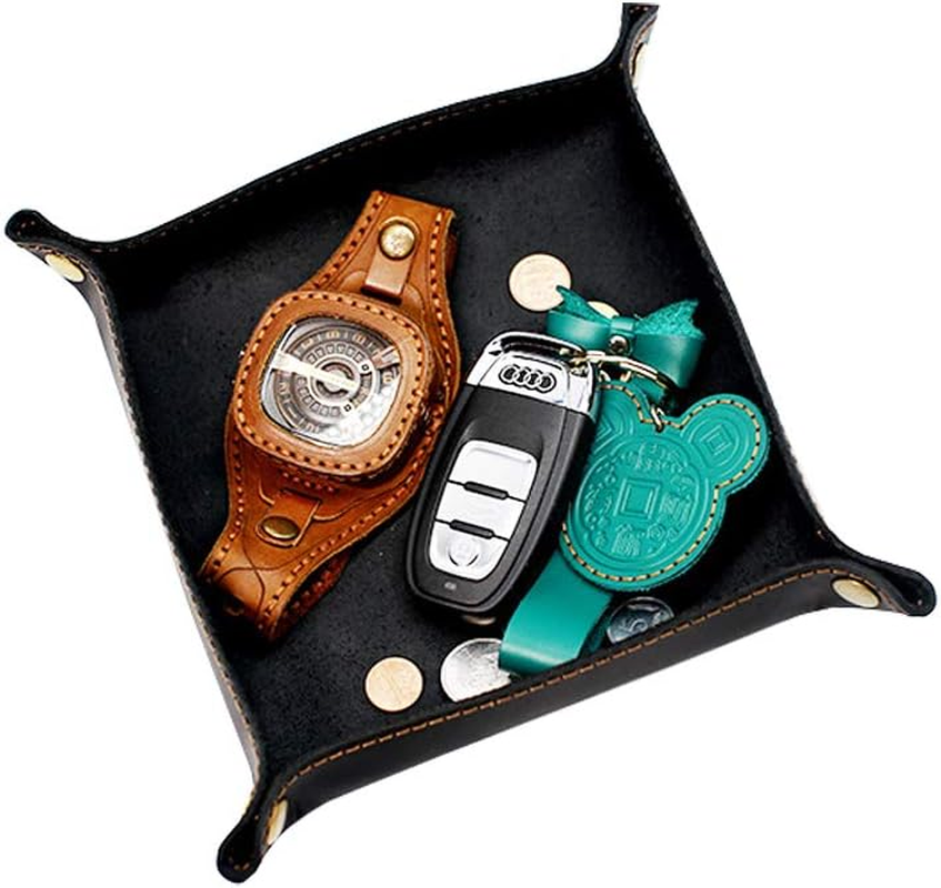 Valet Tray- Genuine Leather Catchall Tray Desktop Storage Organiser- beside Trinket Vanity Tray for Key, Wallet, Phone, Watches, Candy-Black image number 5