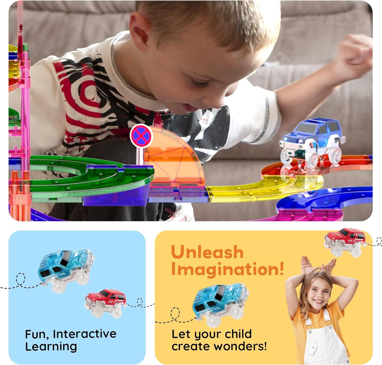 Picassotiles 100 Piece Race Car Track Building Blocks Educational Toy Set Magnet Tiles Block Playset 2 LED Cars STEM Learning Construction Building Kit Child Brain PTR100&hellip; image number 4