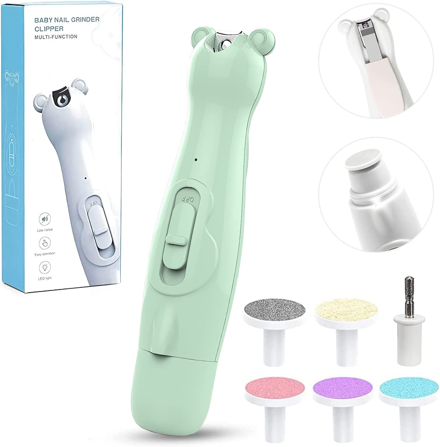 Electric Baby Nail File Trimmer, 2 In1 Rechargeable Baby Nail Clipper Baby Nail File Set with LED Light & 6 Grinding Heads, Care Trim Polish Toes and Fingernail Grooming Manicure Kit for Newborn, Toddler, Kids, Infant (Green)
