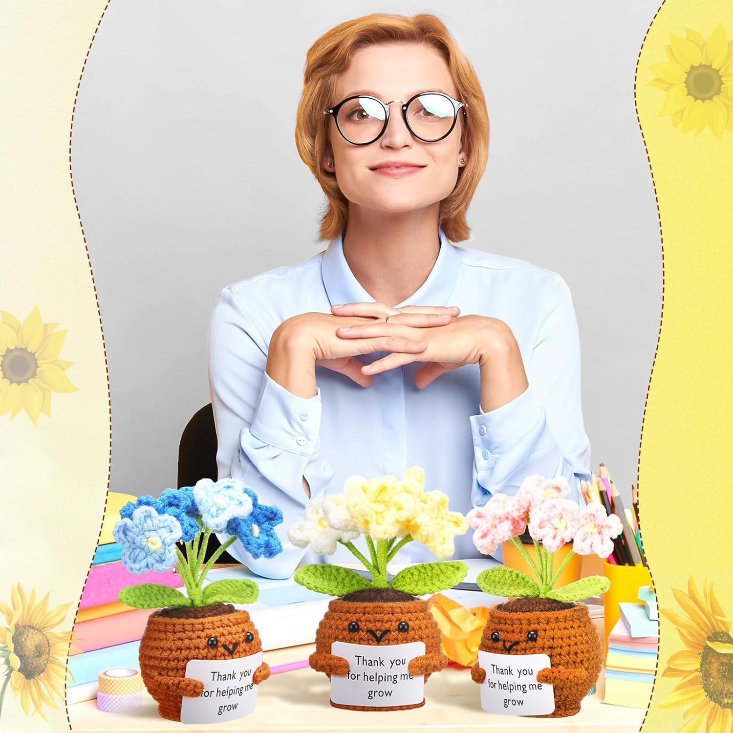 3 Pcs Teacher Appreciation Crochet Doll with Card Thank You for Helping Me Grow Teacher Thank You Presents for Birthday Home Office Decor(Forget Me Not) image number 1