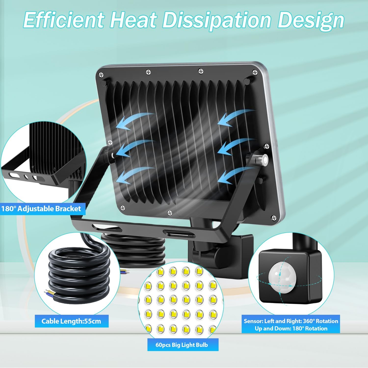 TASINUO Outdoor LED Floodlight with Detector 50 W, 5000 LM 6500 K Outdoor LED Spotlight Motion Detector, IP67 Waterproof 60 Leds with Detector for Garden, Patio, Garage image number 2