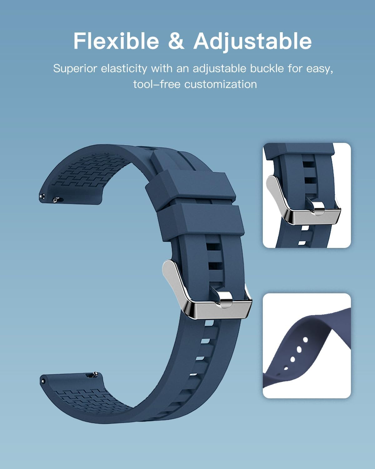 2 Pack Bands for Garmin Approach S50,Sport Silicone Band for Garmin Approach S50 Women Men,20Mm Soft Silicone Waterproof Replacement Smartwatch Strap,Adjustable Wristband,Black+Blue image number 4