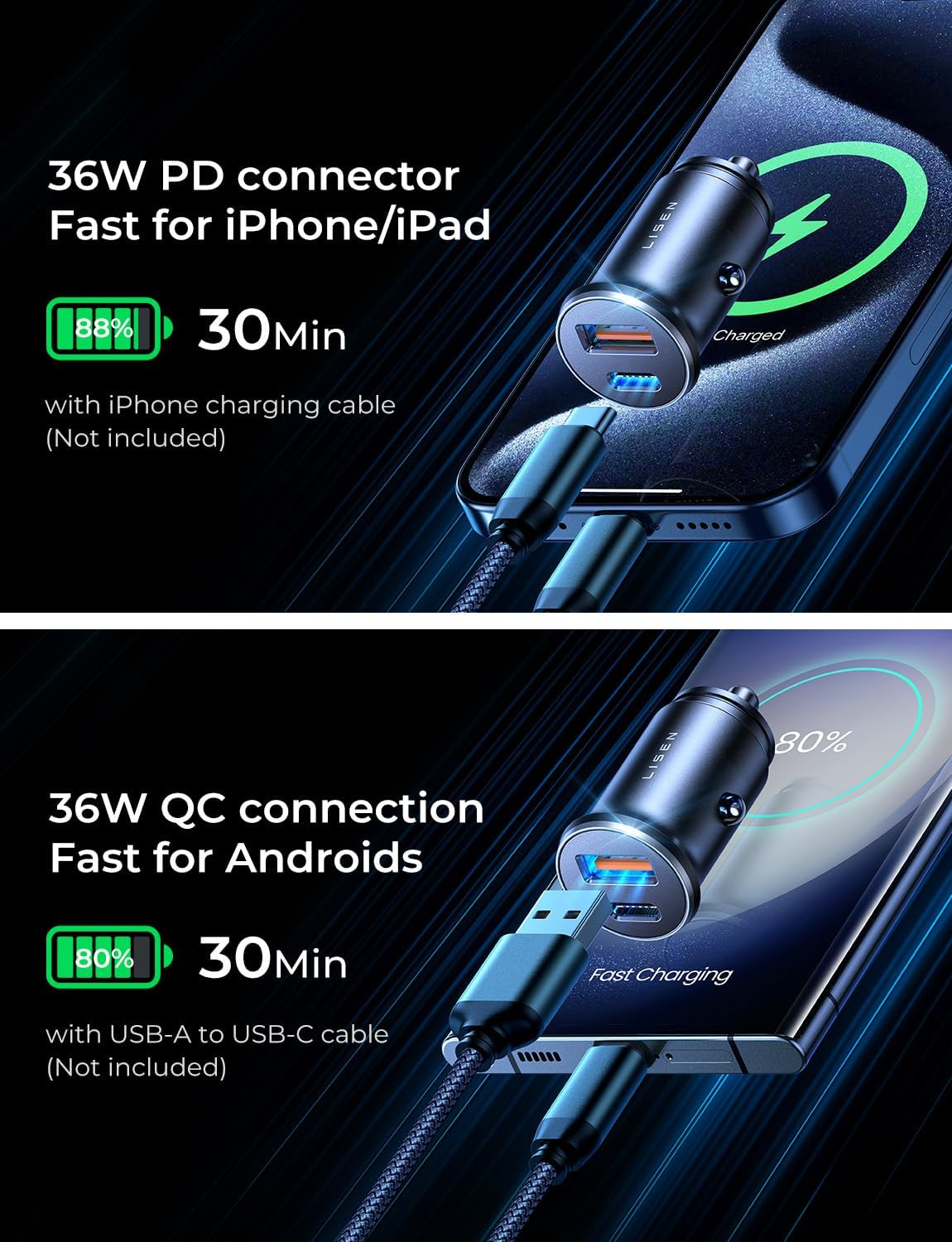 LISEN USB C Car Charger, 54W Fast Car Charger, PD 36W&QC3.0 Dual Port Car Charger Adapter, Super Mini All Metal Car Cigarette Lighter Adapter for Iphone 16 15 Pro Max plus Samsung Galaxy S24 Ipad Pro - Black image number 2