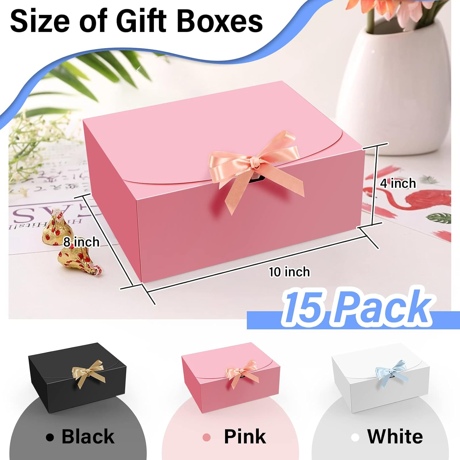 PEKGRIL 15 Pcs Gift Boxes with Lids, Pink 10X8X4 Inch Gift Boxes, Bridesmaid Proposal Box with Ribbon, Kraft Paper Boxes for Wedding, Packaging, Present, Birthday, Christmas, Party