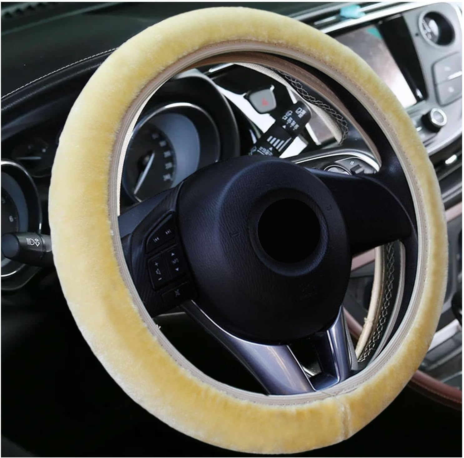 Kewucn Fuzzy Car Steering Wheel Cover, 15 Inch Elastic Soft Steering Wheel Protector, Anti-Slip Fluffy Car Wheel Covers, Universal Vehicle Warm Winter Accessories for Car SUV Truck (Black)