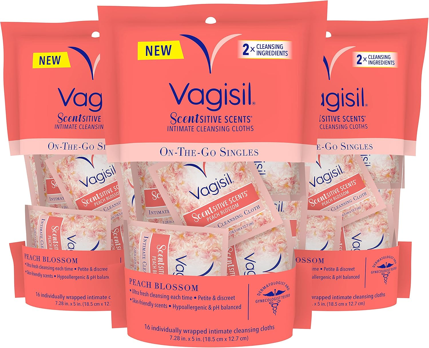 Vagisil Scentsitive Scents On-The-Go Feminine Cleansing Mini Wipes, Ph Balanced, Peach Blossom, Individually Wrapped, 16 Count (Pack of 3) image number 4