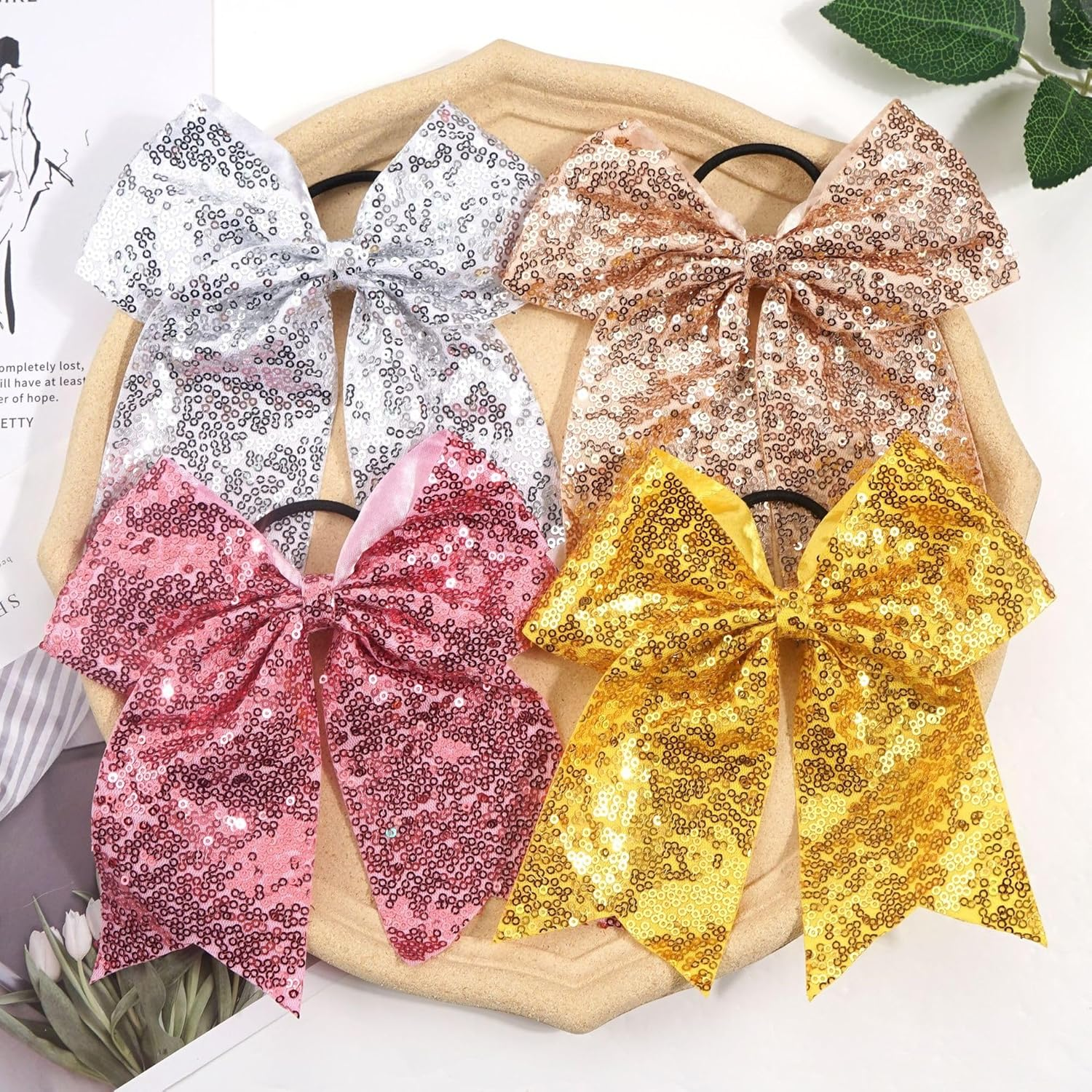 Blausky Pack of 4 Large Bows Hair Bows with Sequins, 18 X 16 Cm, French Bow Scrunchies, Elastic Hair Bows, Glitter Hair Accessories for Women, Party, Christmas, Everyday, Red