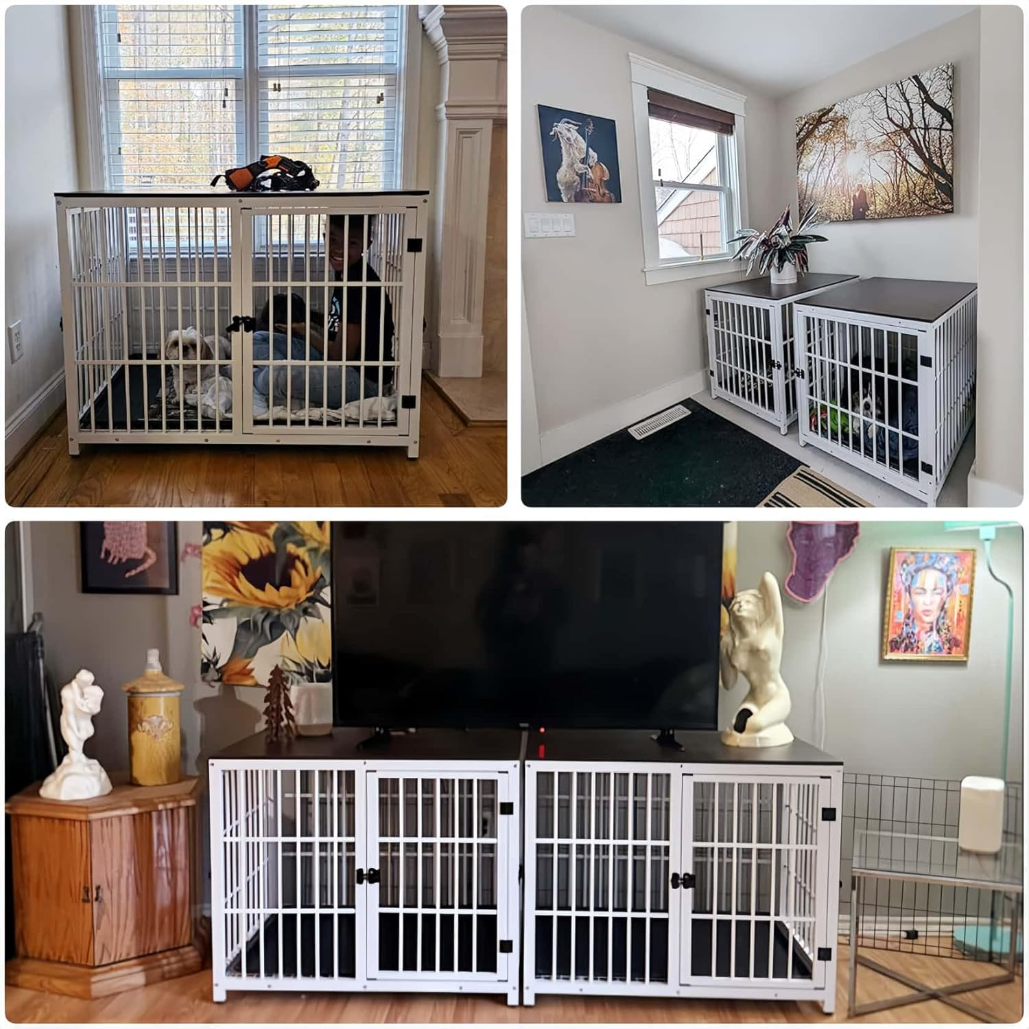 Bingopaw Wooden Dog Crate Indoor: 42Inch Furniture Style Pet Cage Pet Kennel End Table with Three Doors and Removable Tray for Large Dogs White image number 1