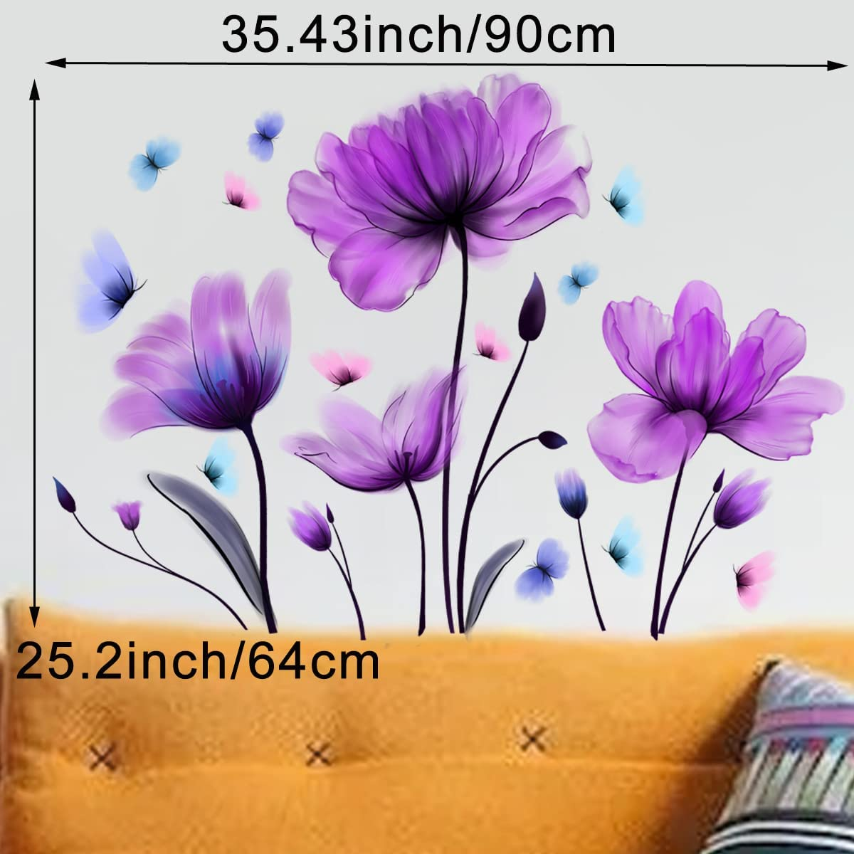 Pinenjoy Purple Tulip Wall Decals Flower and Colorful Butterfly Wall Sticker 25.2X35.43Inch Removable Self-Adhesive Vinyl Art Floral Murals for Living Room Bedroom Nursery TV Sofa Background Decor image number 2